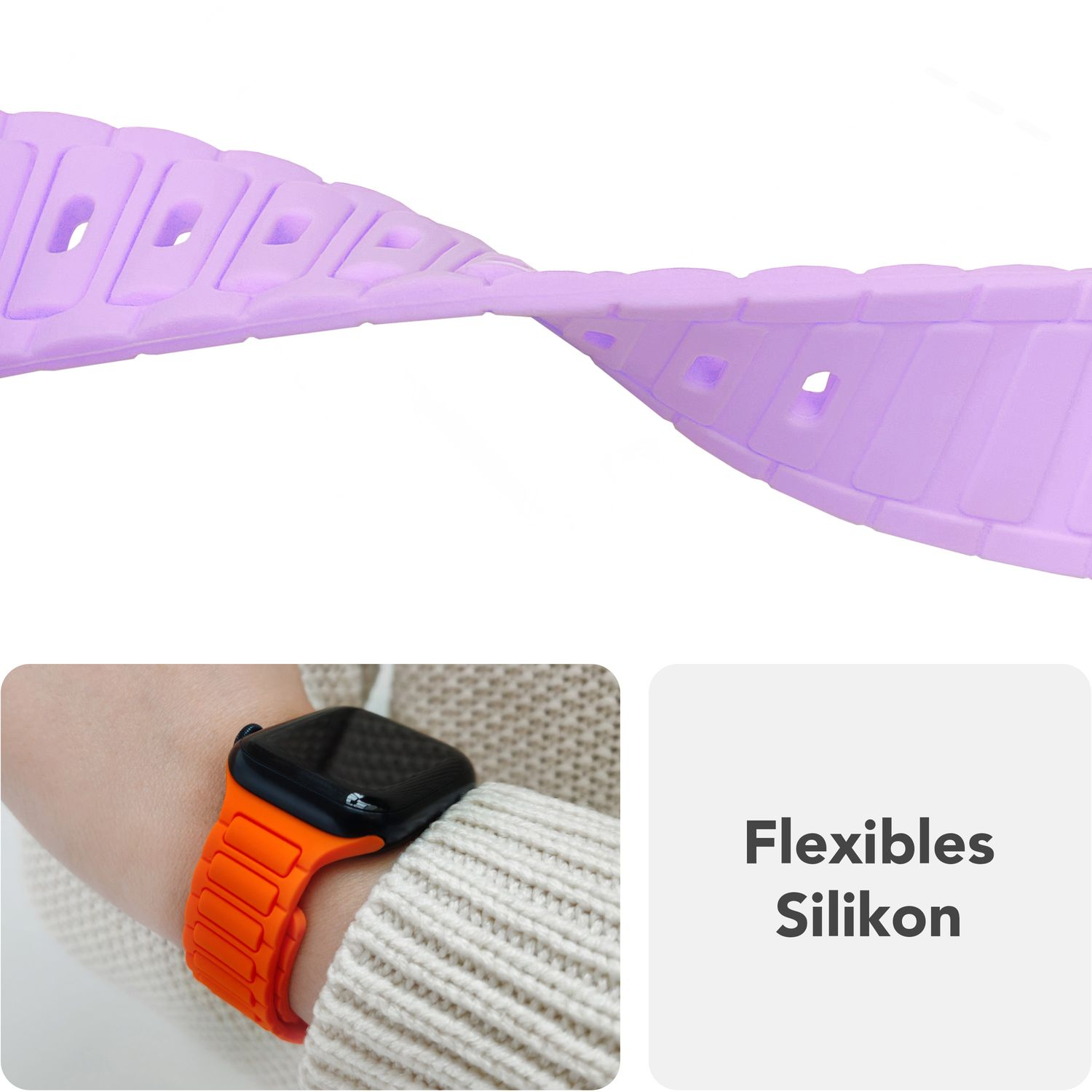 Ein lila Silikon-Uhrenarmband ist über einem weißen Hintergrund gebogen. Ein orangefarbenes Band ist an einem Handgelenk.