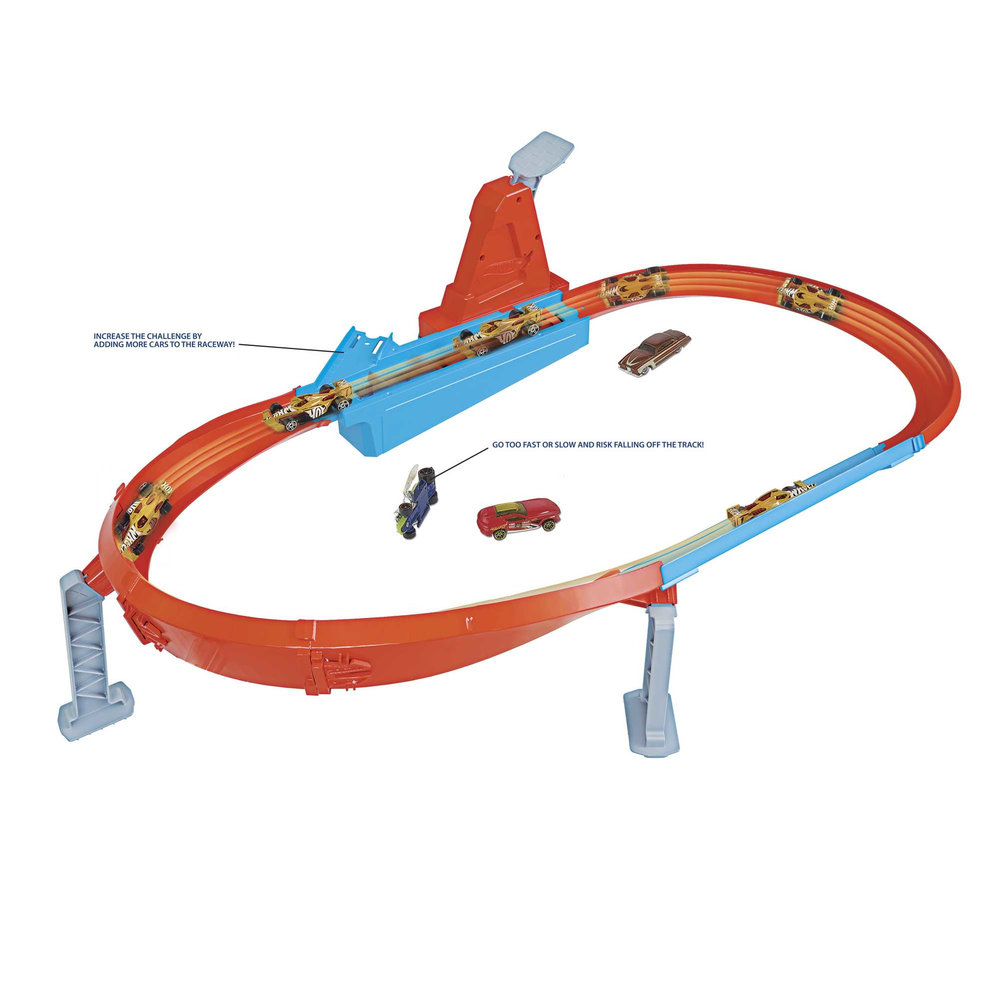 Eine Hot Wheels-Strecke mit Autos, die darauf fahren. Die Strecke ist orange und blau, vor weißem Hintergrund.