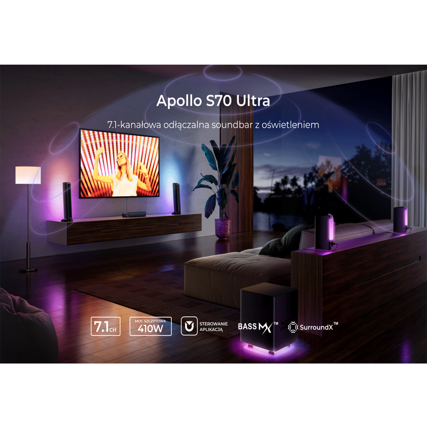 Salon z telewizorem i systemem dźwiękowym. Widoczny soundbar i subwoofer.