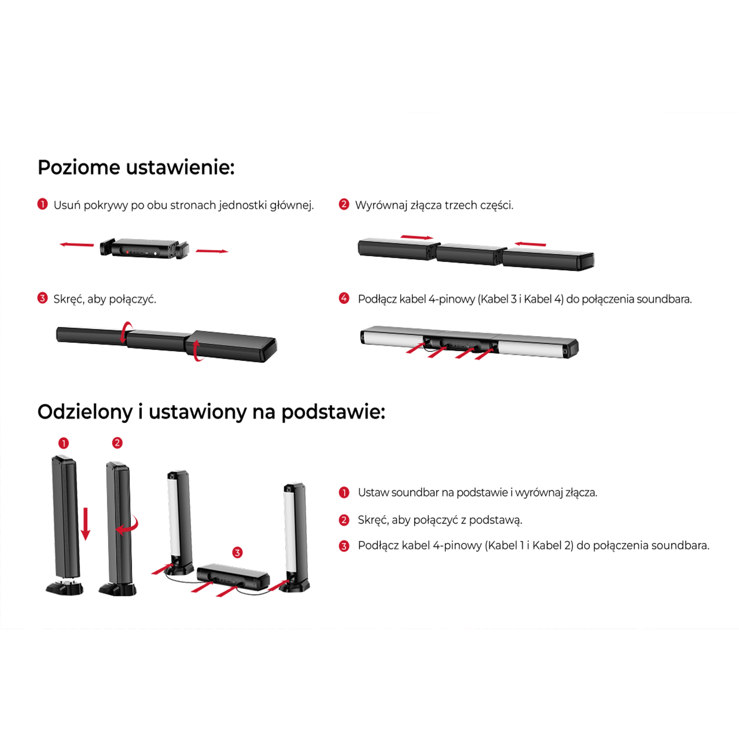 Instrukcje montażu soundbara. Schematy pokazują kroki z ponumerowanymi strzałkami.