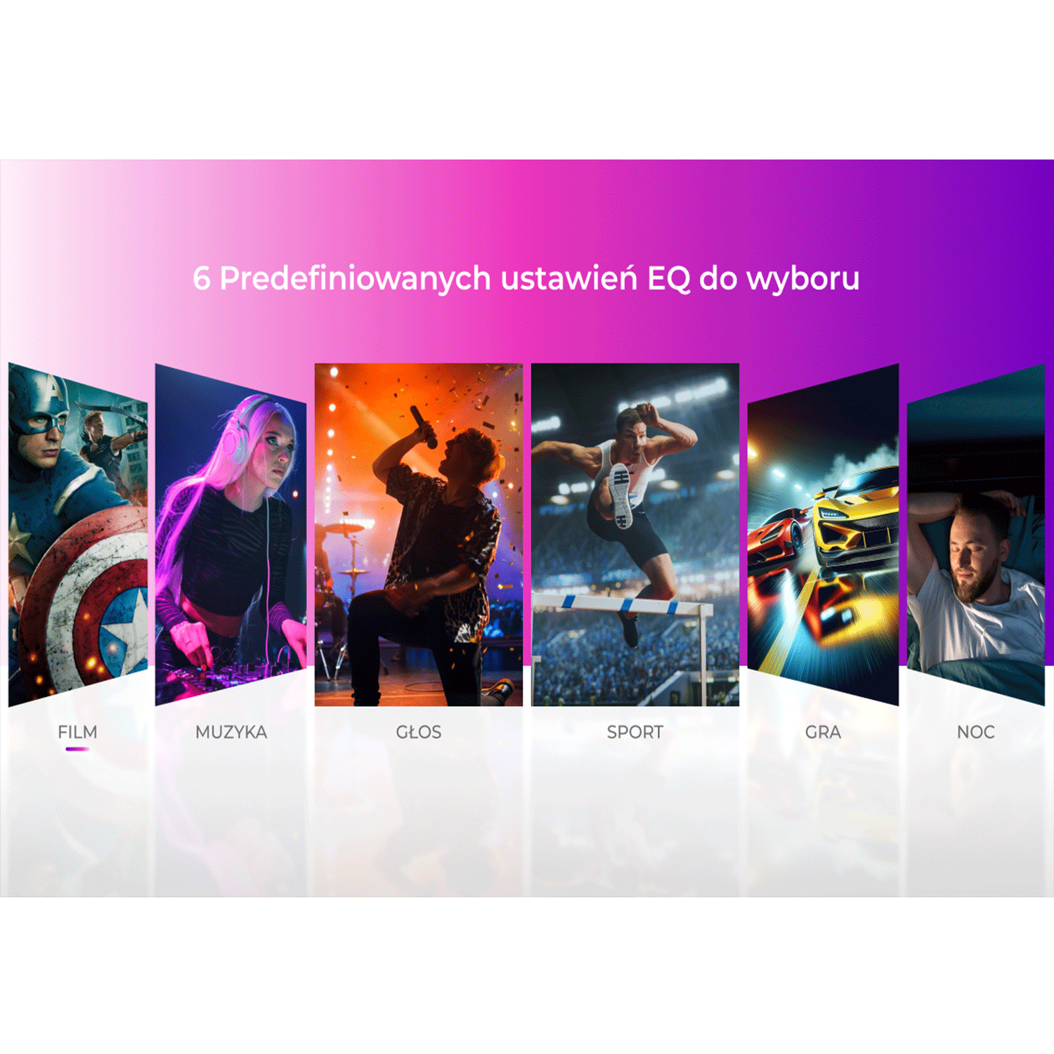 Obraz z sześcioma panelami pokazującymi różne sceny wizualne, każdy z etykietą. Tekst: 6 ustawień EQ.