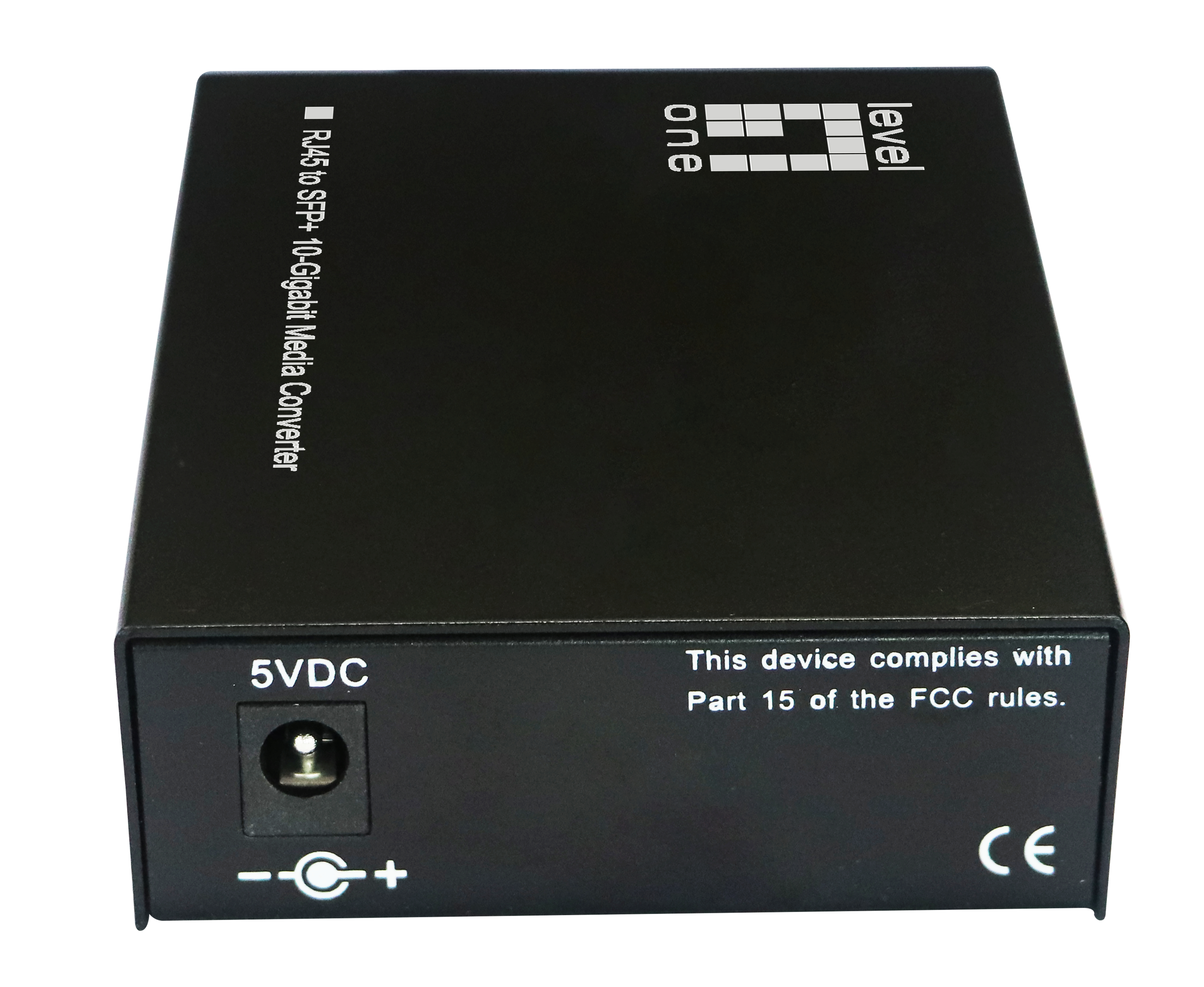 Convertitore multimediale Gigabit RJ45 a SFP+ 10 nero. Il dispositivo è su sfondo bianco.
