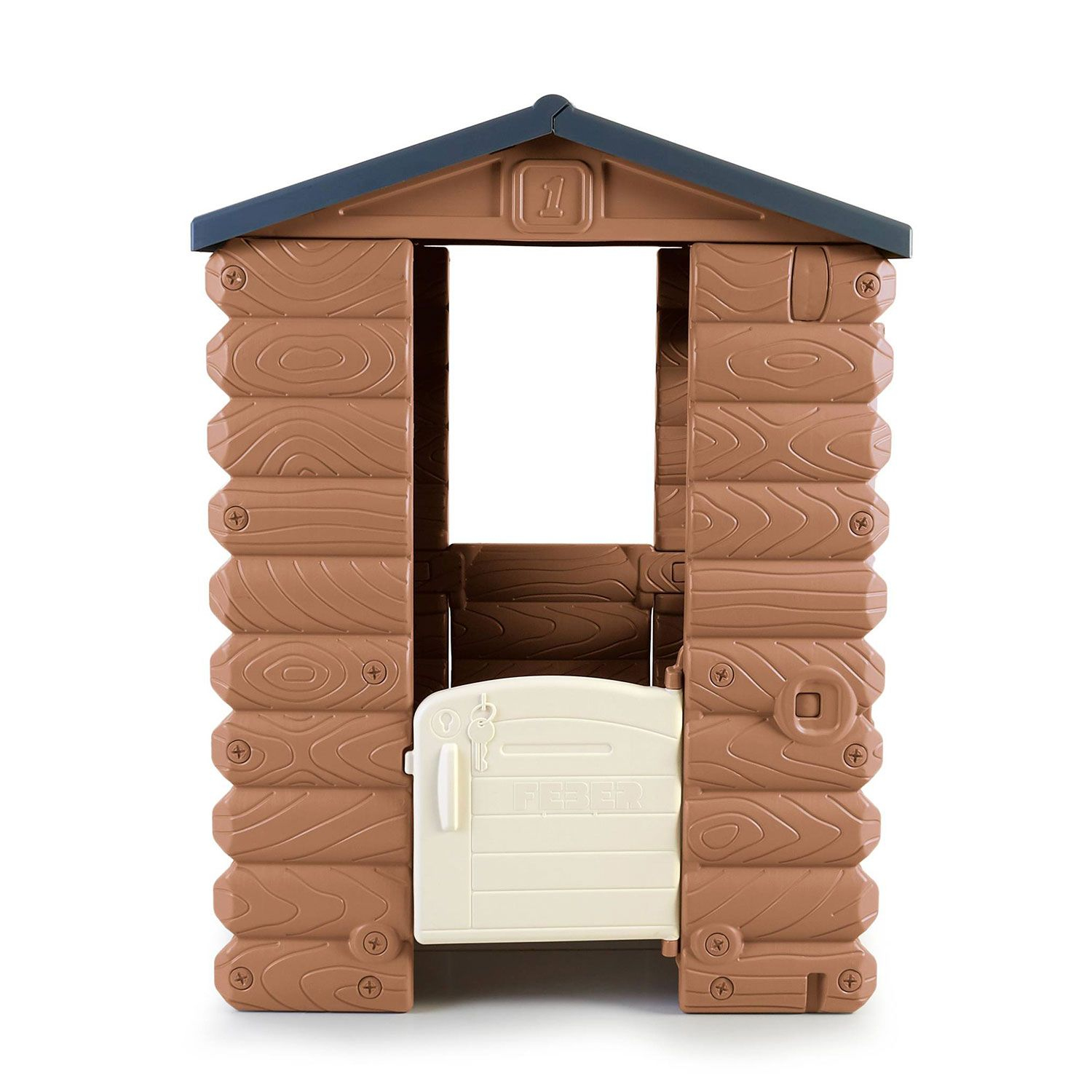 Brązowy plastikowy domek zabaw z białymi drzwiami i niebieskim dachem.