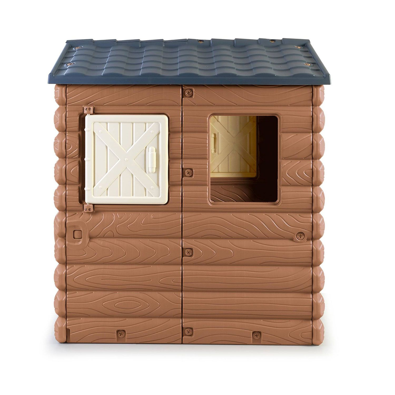 Brązowy plastikowy domek zabaw z drzwiami, oknem i niebieskim dachem.