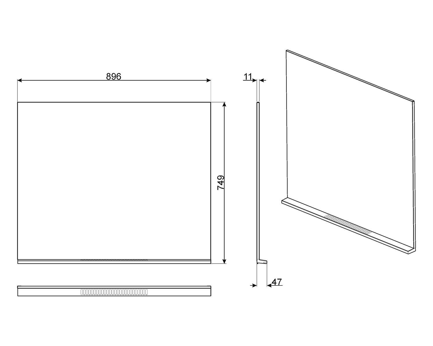 Dibujo técnico de un panel con medidas y una ventilación. Fondo blanco.