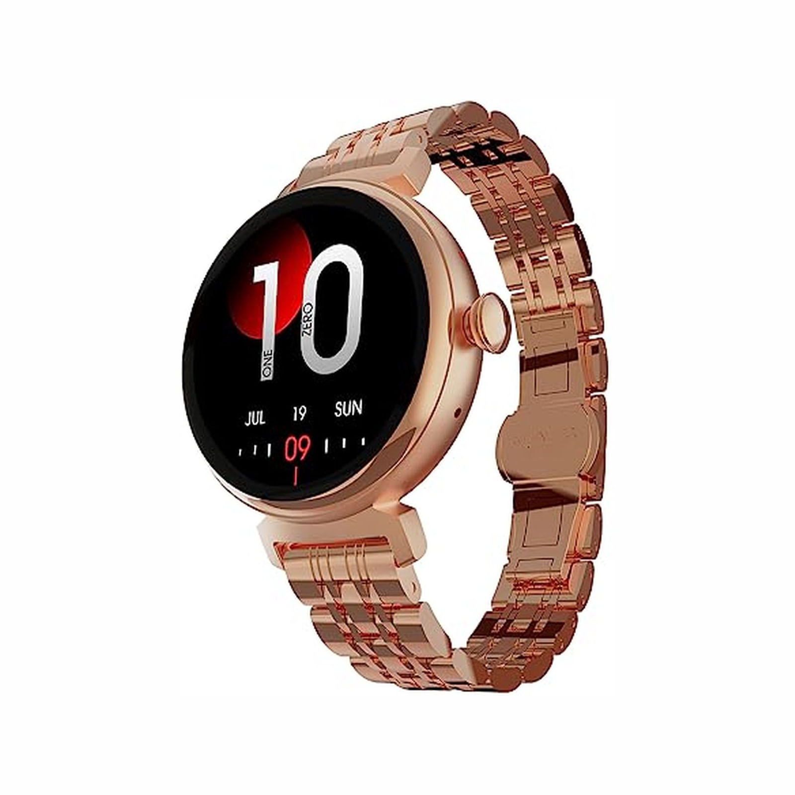 Smartwatch or rose sur une surface blanche, affichant le chiffre 10 et la date.