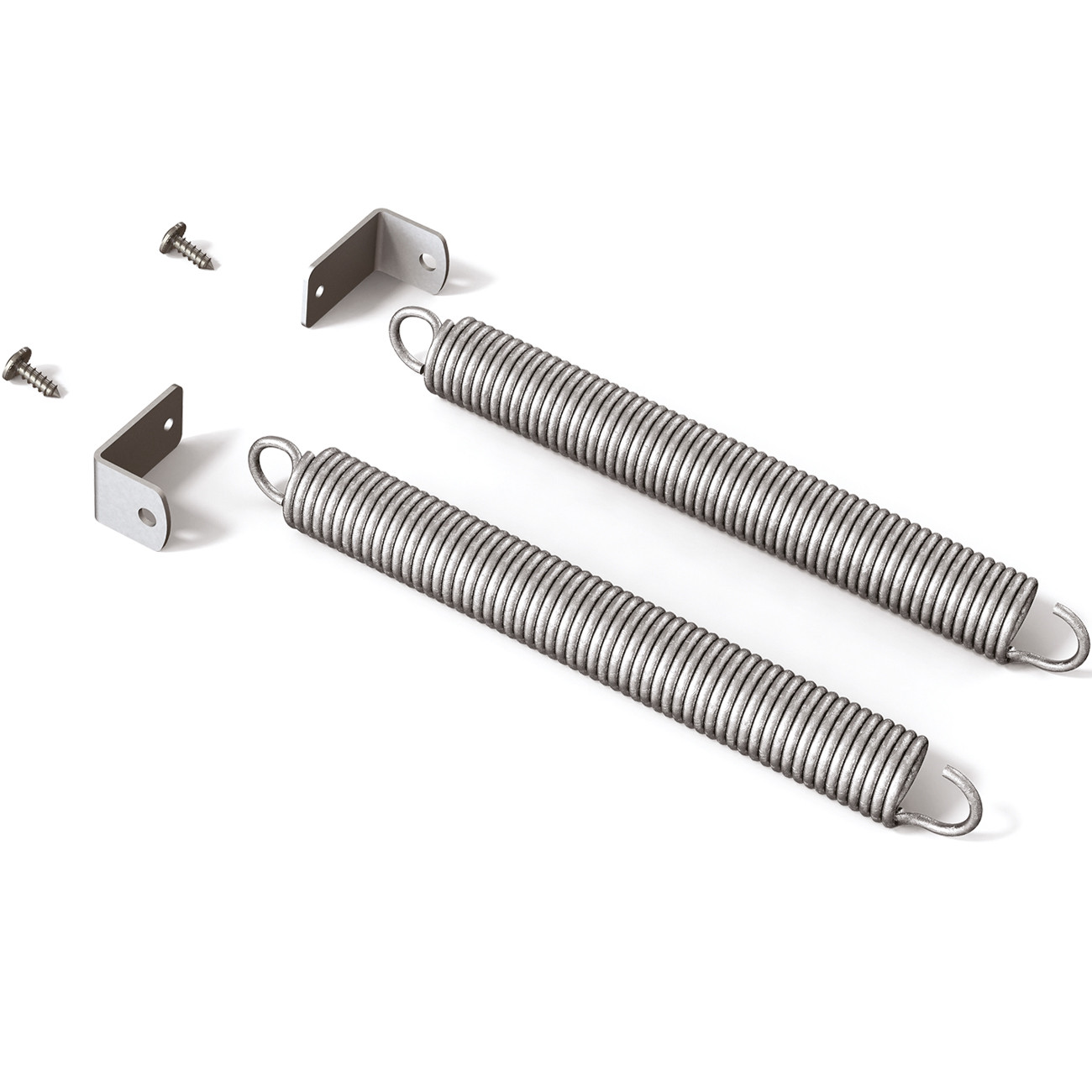 Dos muelles metálicos con soportes y tornillos sobre un fondo blanco, perfectos para un tema mecánico.