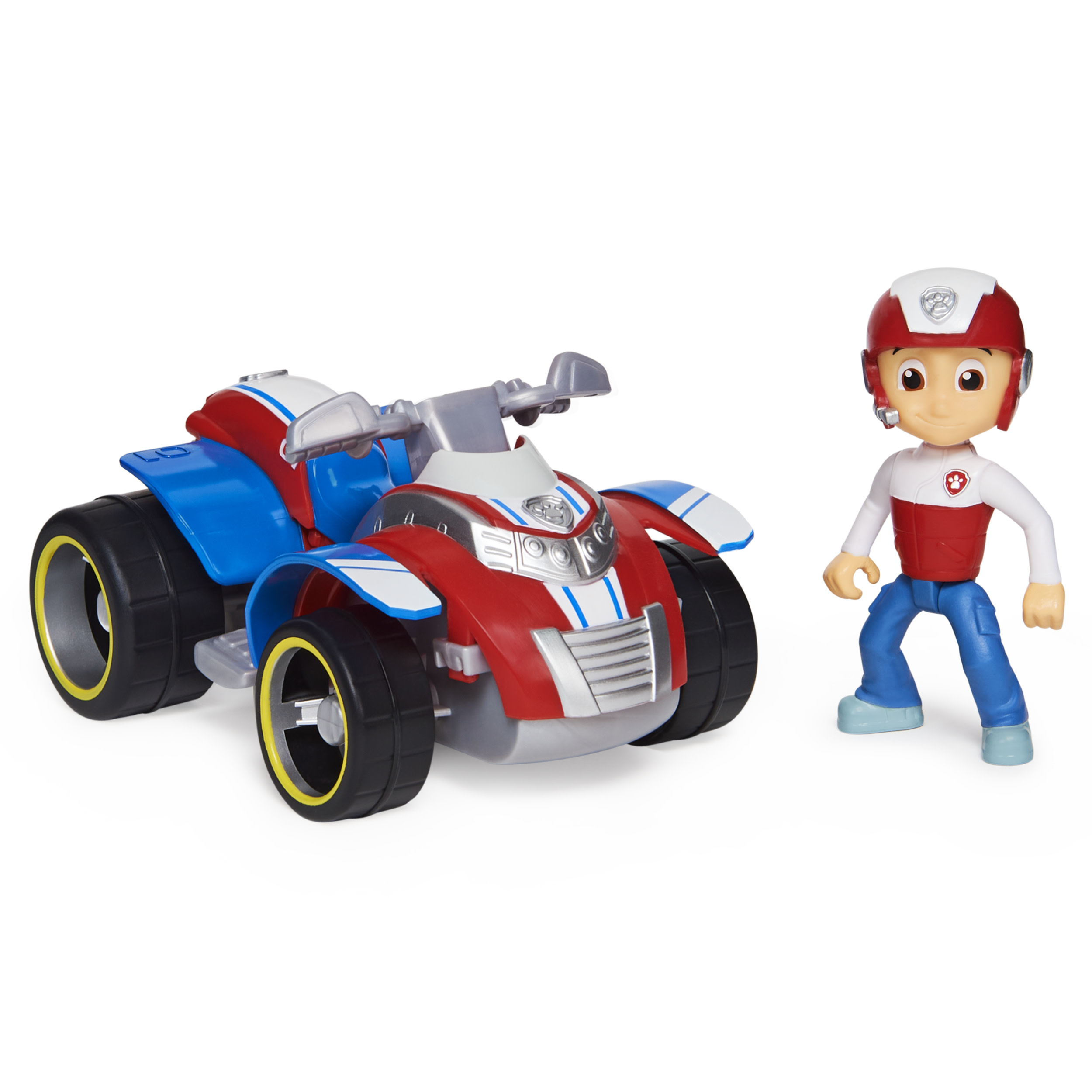Un ATV de juguete con una figura de una persona que lleva un casco, de pie junto al ATV.