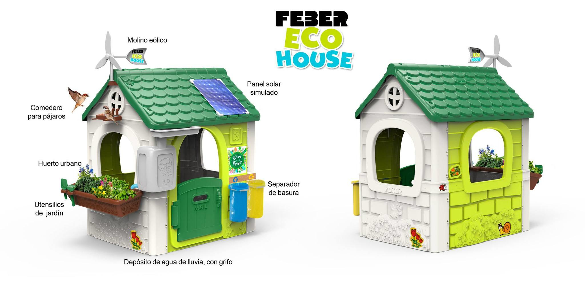 Dos imágenes que muestran un juguete FEBER Eco House, con turbinas eólicas y panel solar.