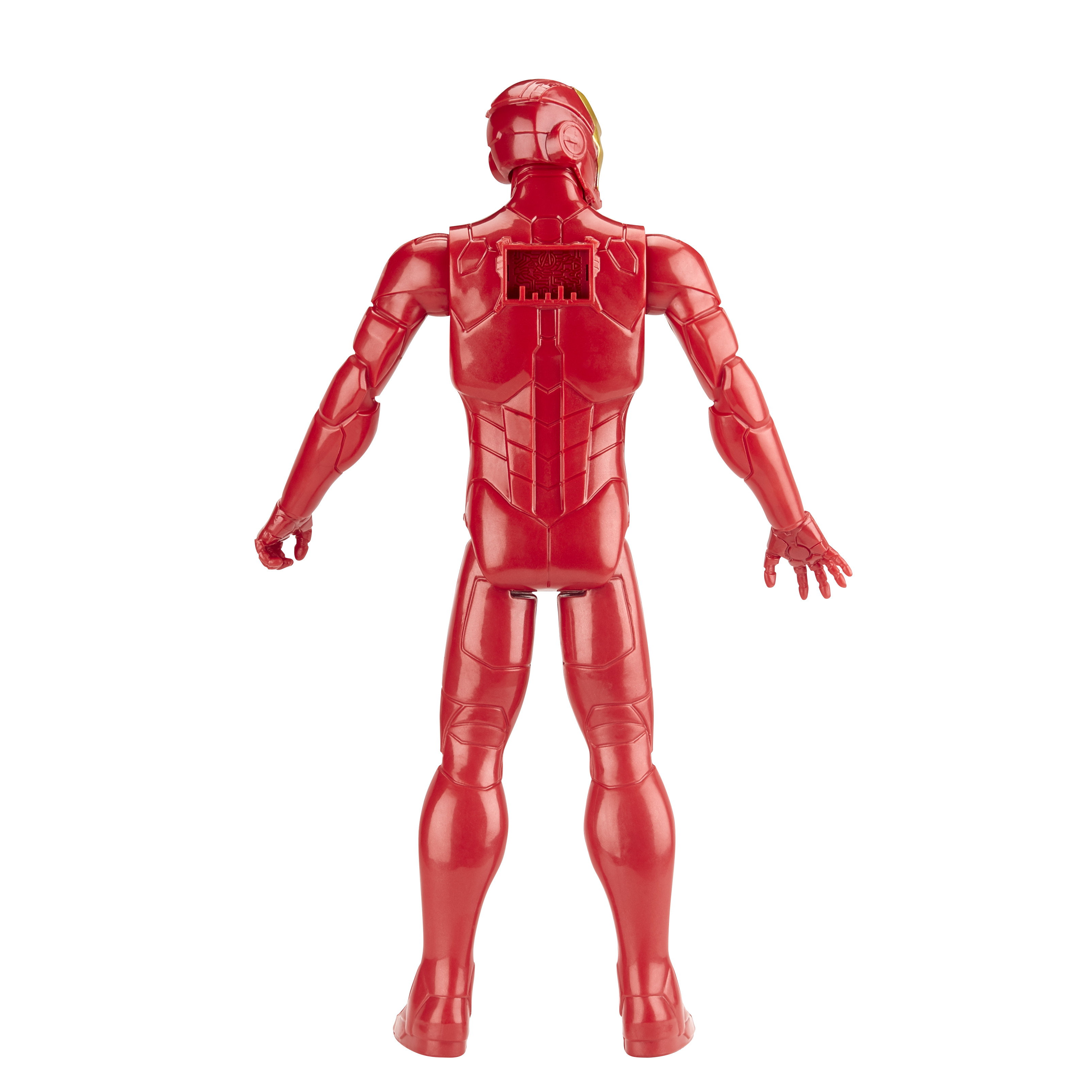 Action figure di Iron Man, vista posteriore, tuta rossa e oro. Alto 12 pollici.