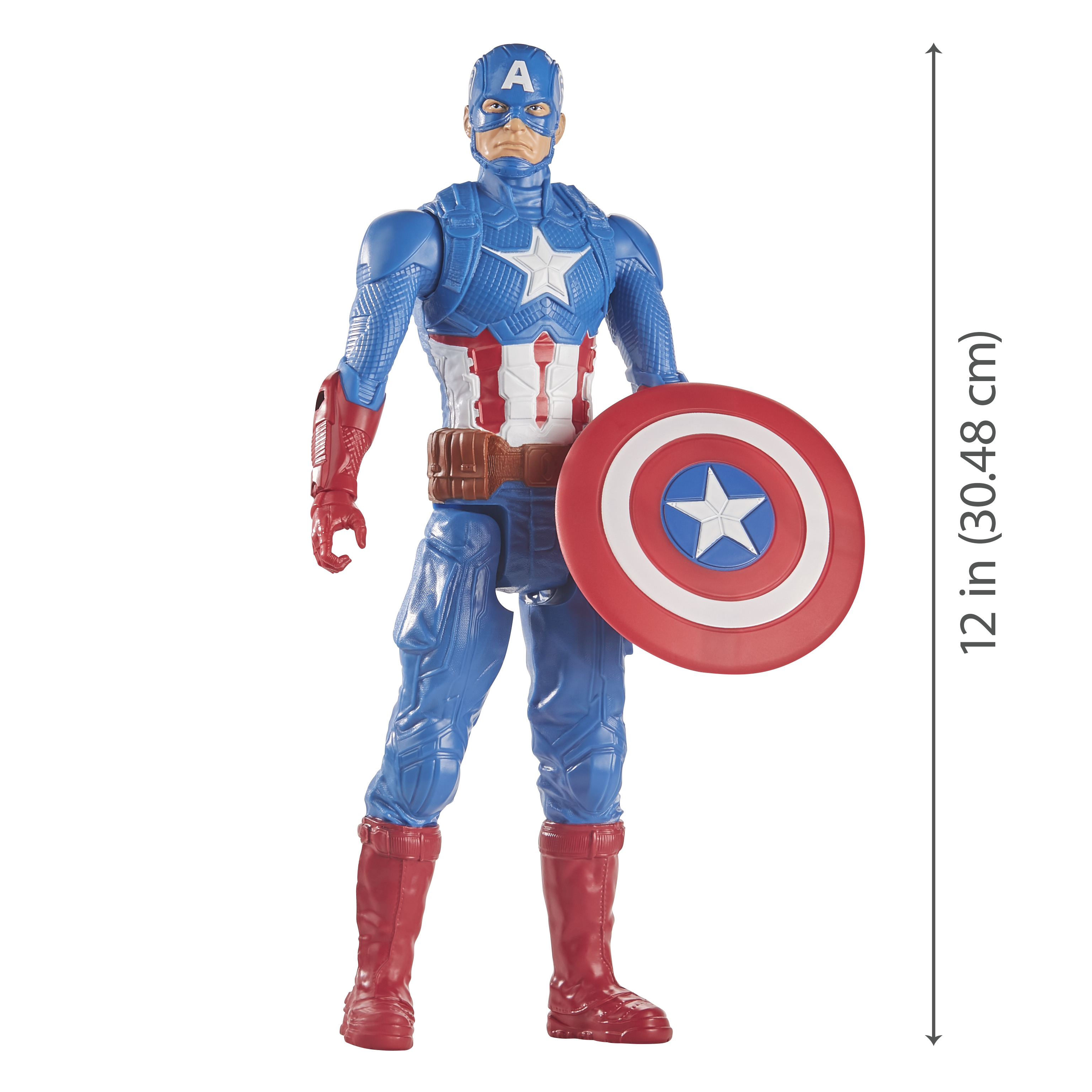 Action figure di Captain America con scudo. Abito blu, stella, stivali rossi, cintura marrone.
