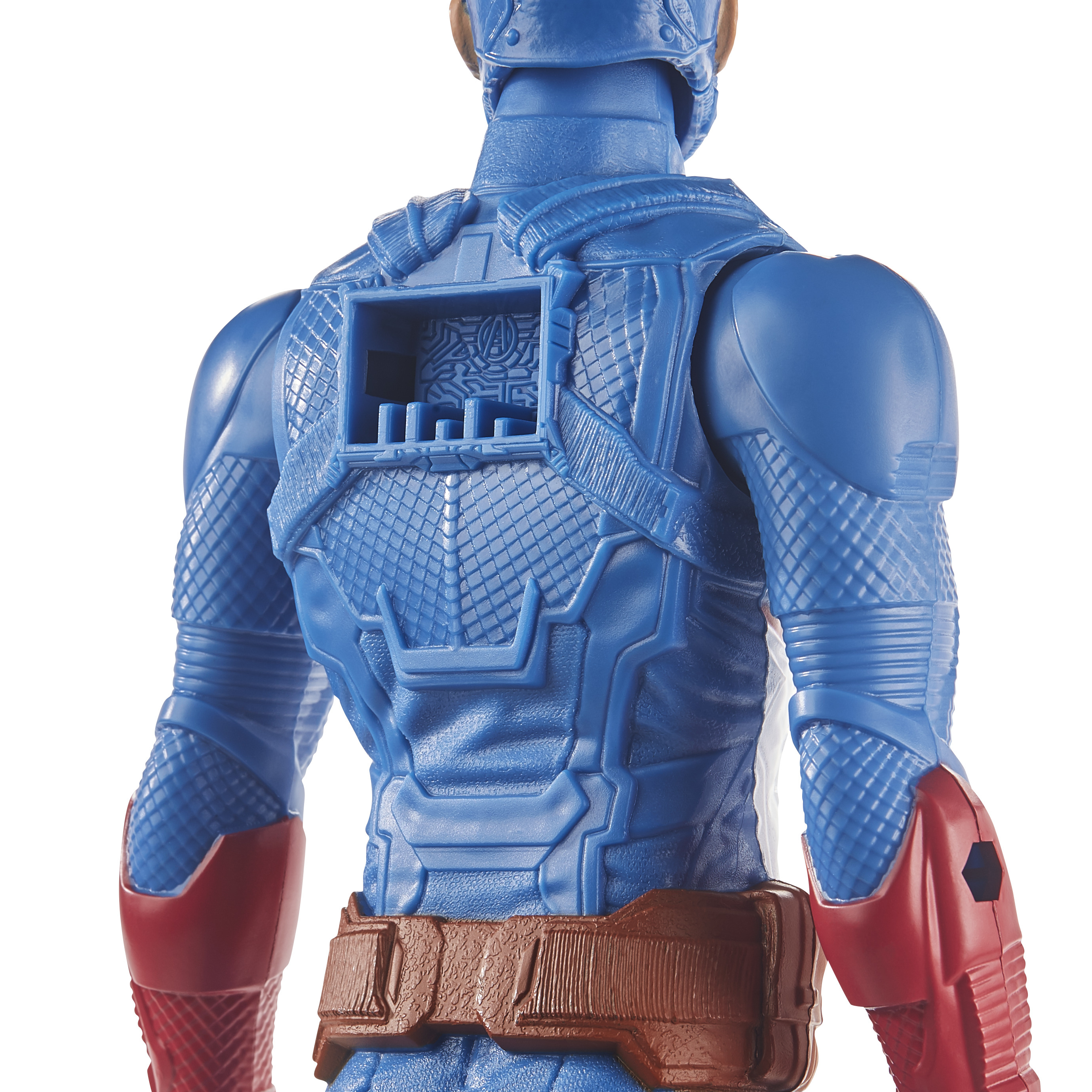 Retro della action figure di Captain America. Abito blu, guanti rossi, cintura marrone.