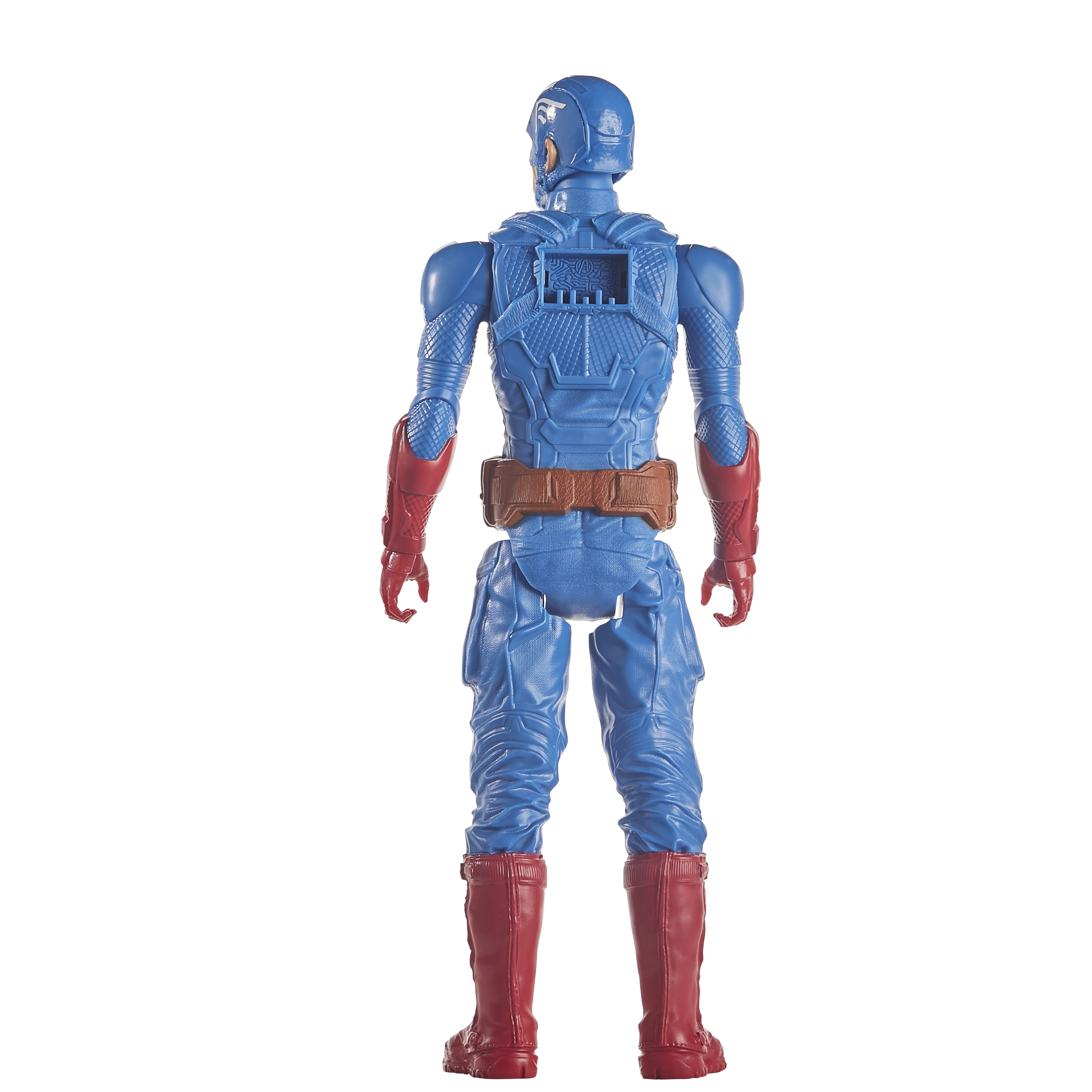 Vista posteriore della action figure di Captain America. Abito blu, stivali rossi, cintura marrone.