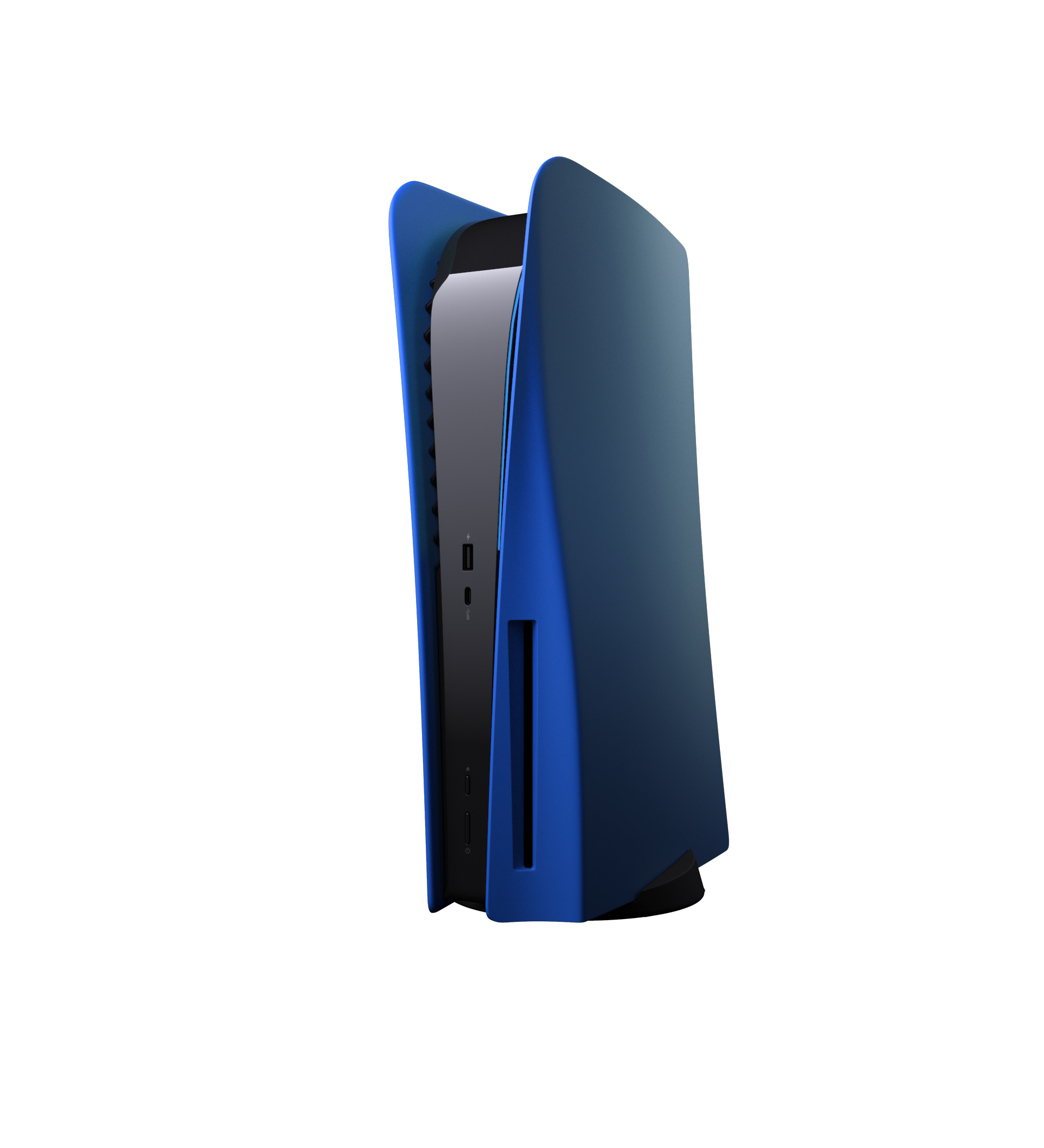 Niebiesko-czarna konsola do gier wideo. Konsola stoi pionowo, pokazując przód i bok.