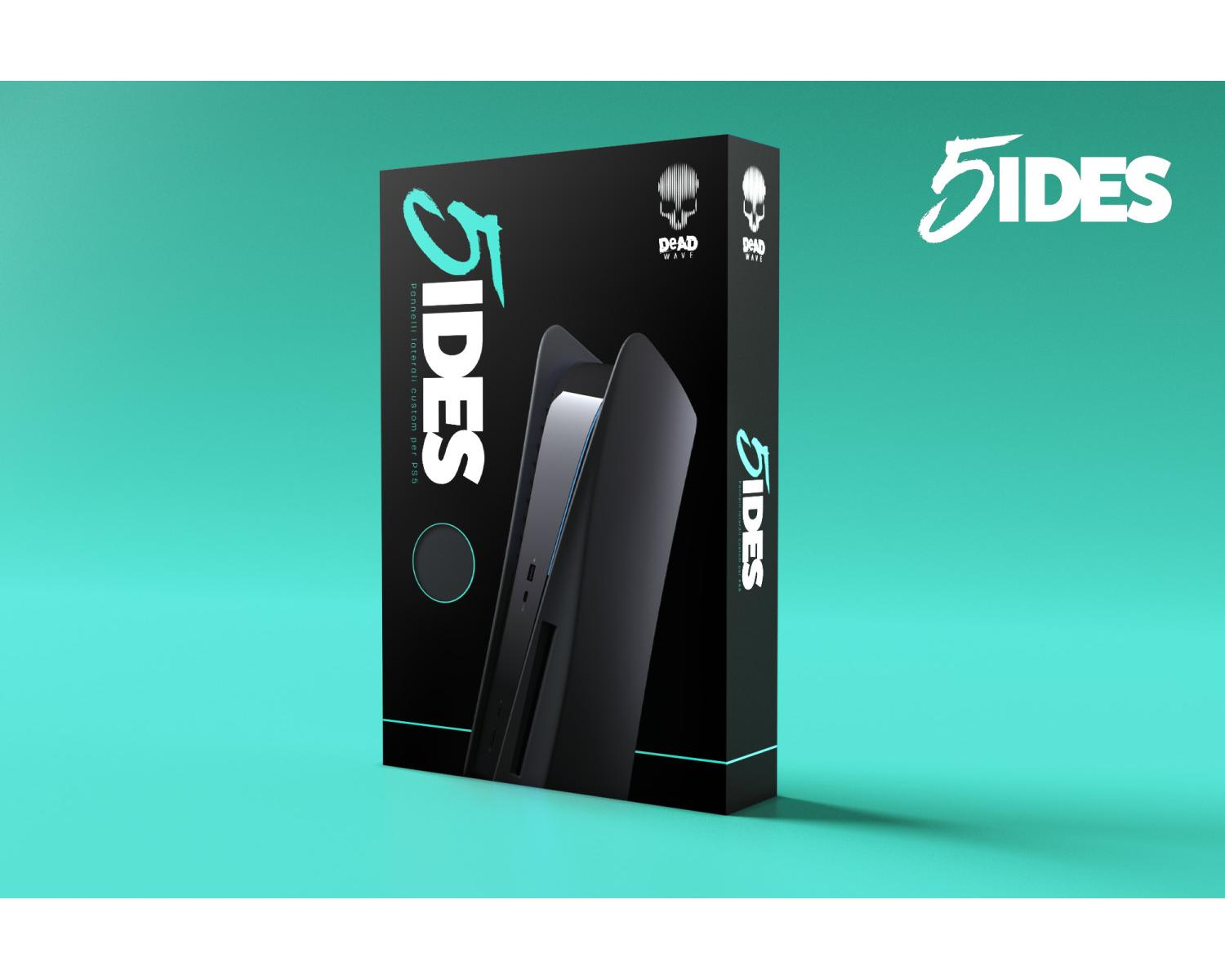 Projekt pudełka dla czarnej PS5. Pudełko ma słowa "5IDES" w kolorze turkusowym. Czarne tło.