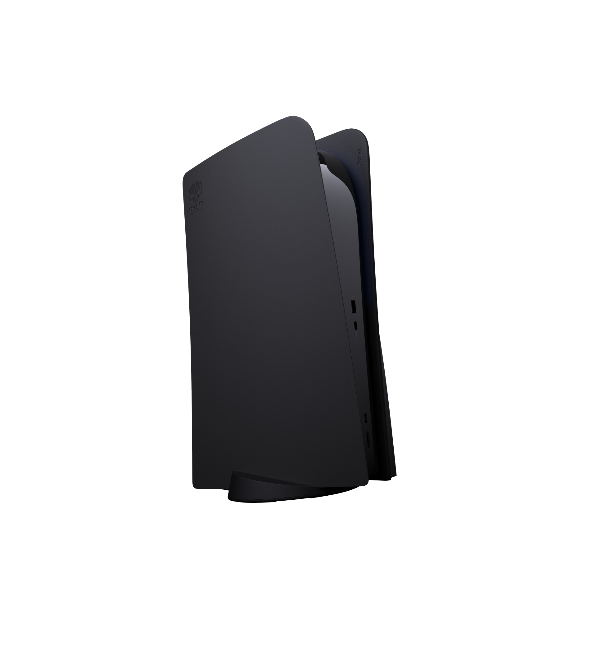 Czarna konsola PS5. Jest na stojaku. Widok z boku, białe tło.