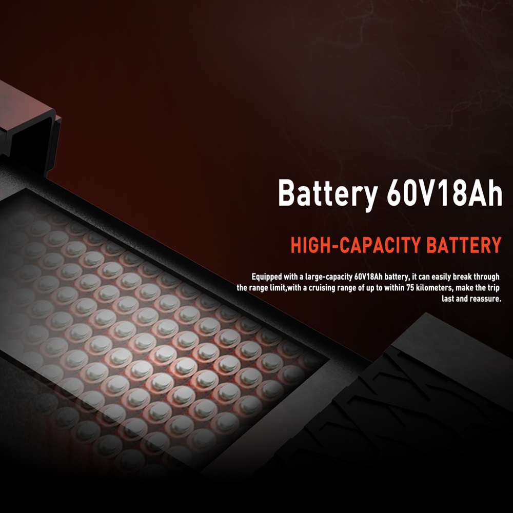 Immagine che mostra una batteria ad alta capacità per un monopattino elettrico. Ha una capacità della batteria di 60V18Ah.