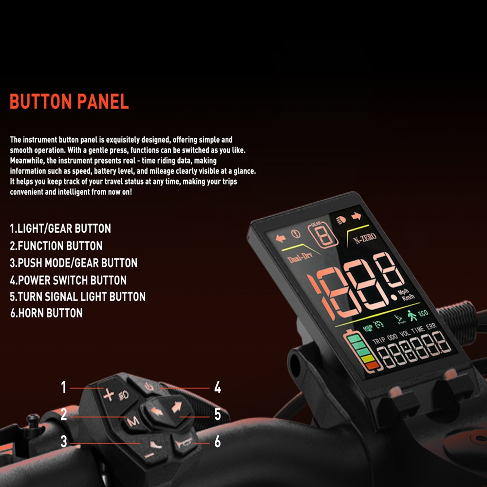 Primo piano del pannello di controllo dello scooter elettrico. Il display mostra velocità, batteria. Pulsanti per luce, marcia e funzioni.