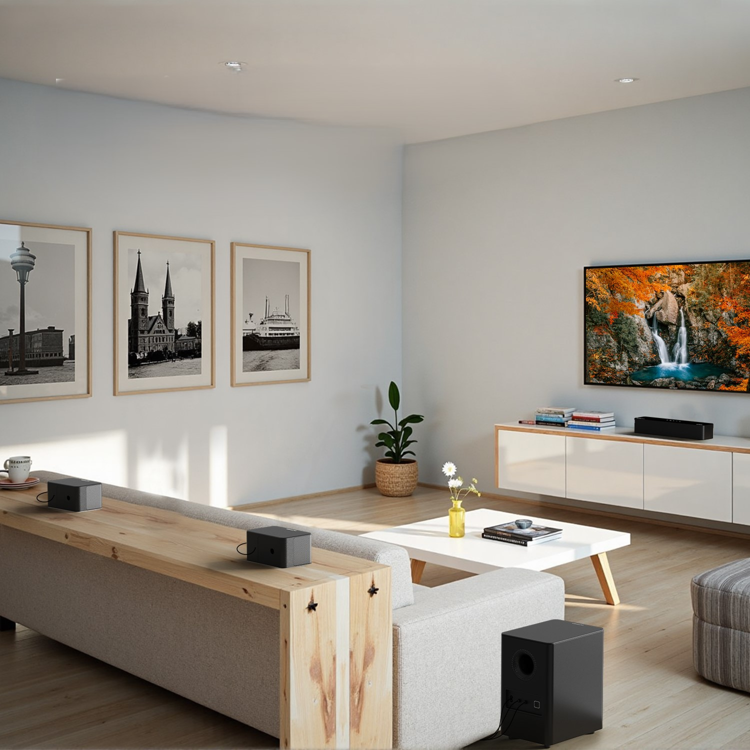 Scena w salonie z jasną sofą, telewizorem i oprawioną sztuką. Pokój ma jasną drewnianą podłogę i białą ścianę.