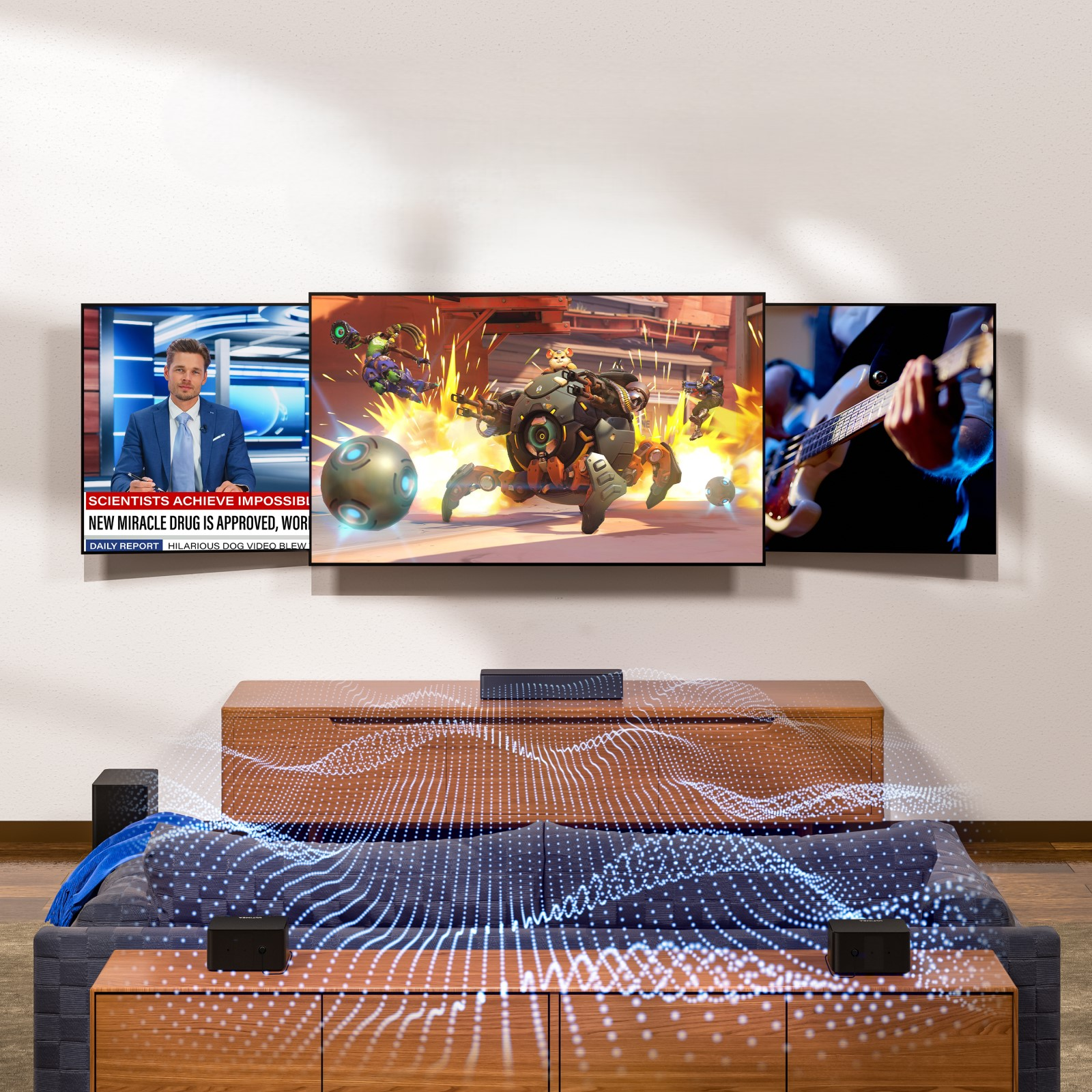 Trzy ekrany pokazujące wiadomości, grę wideo i osobę grającą na gitarze, nad systemem dźwiękowym na brązowej szafce.