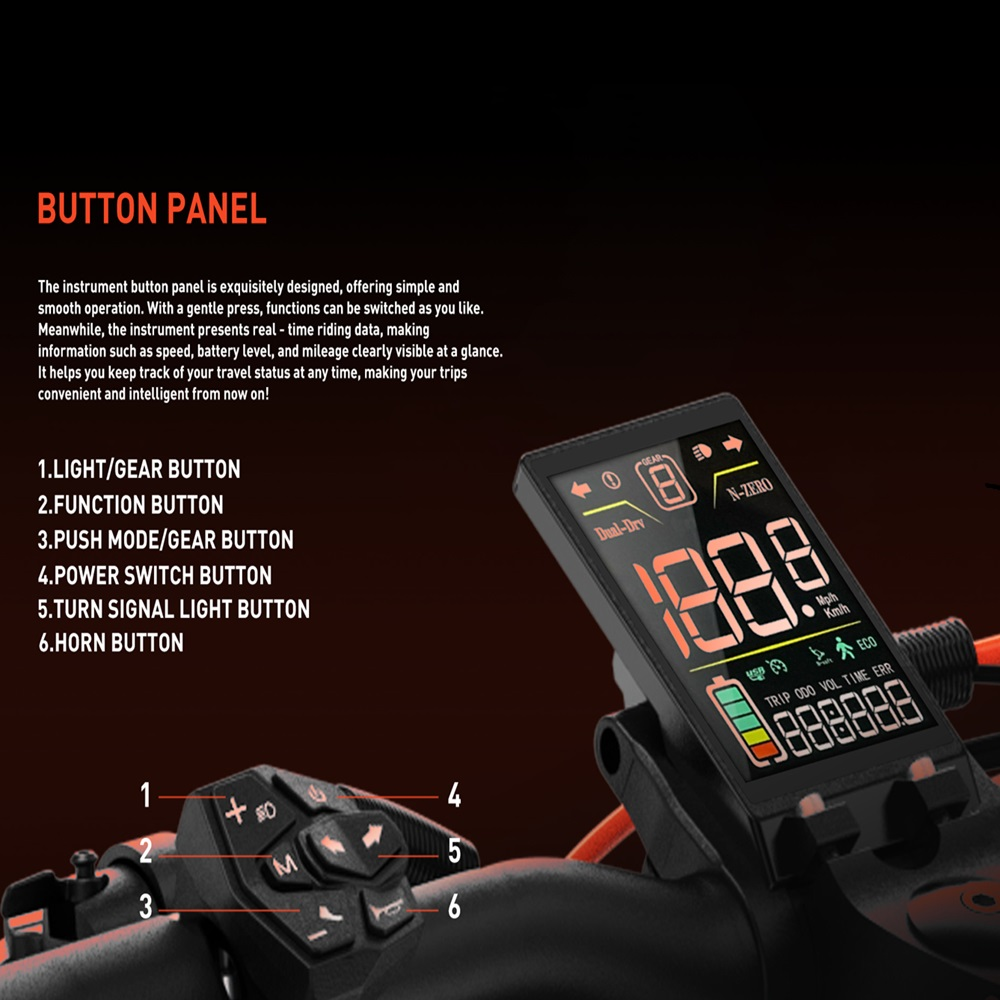 Pannello comandi di uno scooter elettrico con pulsanti etichettati e display digitale con velocità e batteria.
