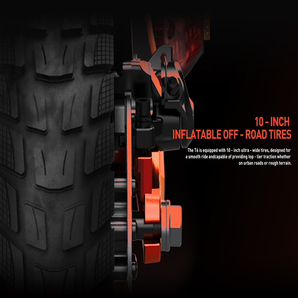 Primo piano dello pneumatico e della ruota di uno scooter elettrico, con l'etichetta '10-INCH INFLATABLE OFF-ROAD TIRES'.