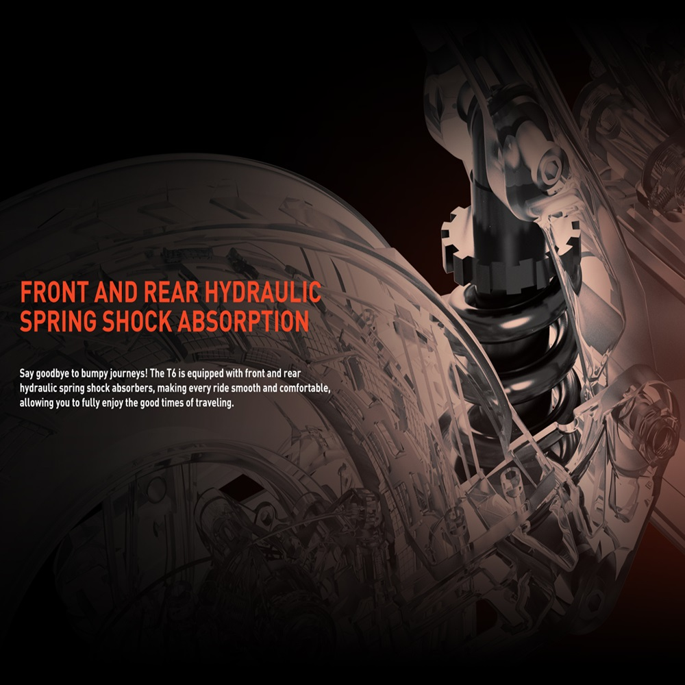 Sospensione posteriore di uno scooter elettrico, etichettata 'FRONT AND REAR HYDRAULIC SPRING SHOCK ABSORPTION'.
