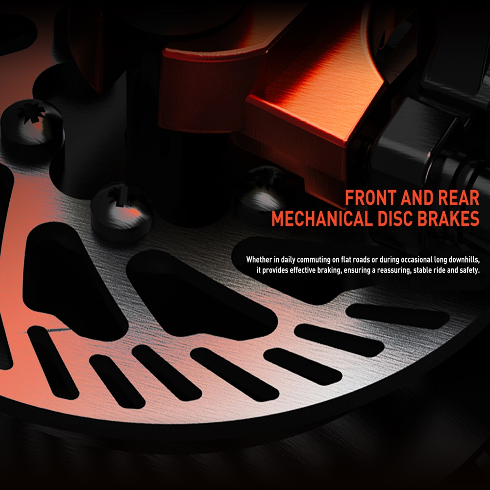 Primo piano di un freno a disco meccanico con dettagli arancioni, etichettato 'FRONT AND REAR MECHANICAL DISC BRAKES'.