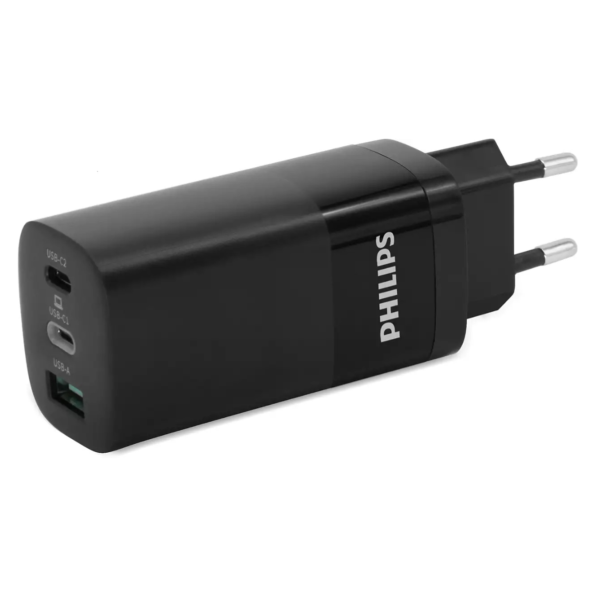 Black Philips USB charger with USB-C and USB-A ports. It has a plug for European outlets.