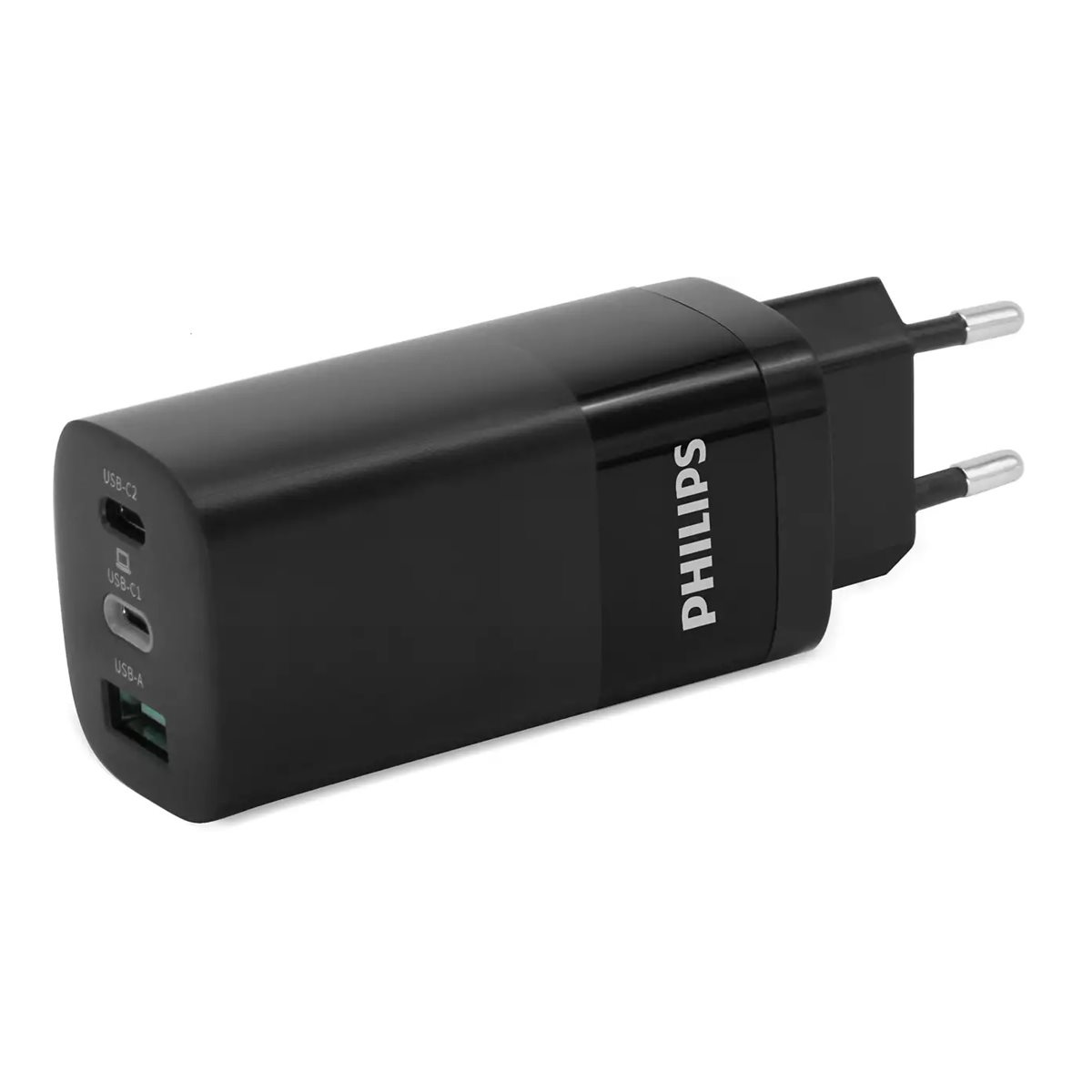 Black Philips USB charger with USB-C and USB-A ports. It has a plug for European outlets.