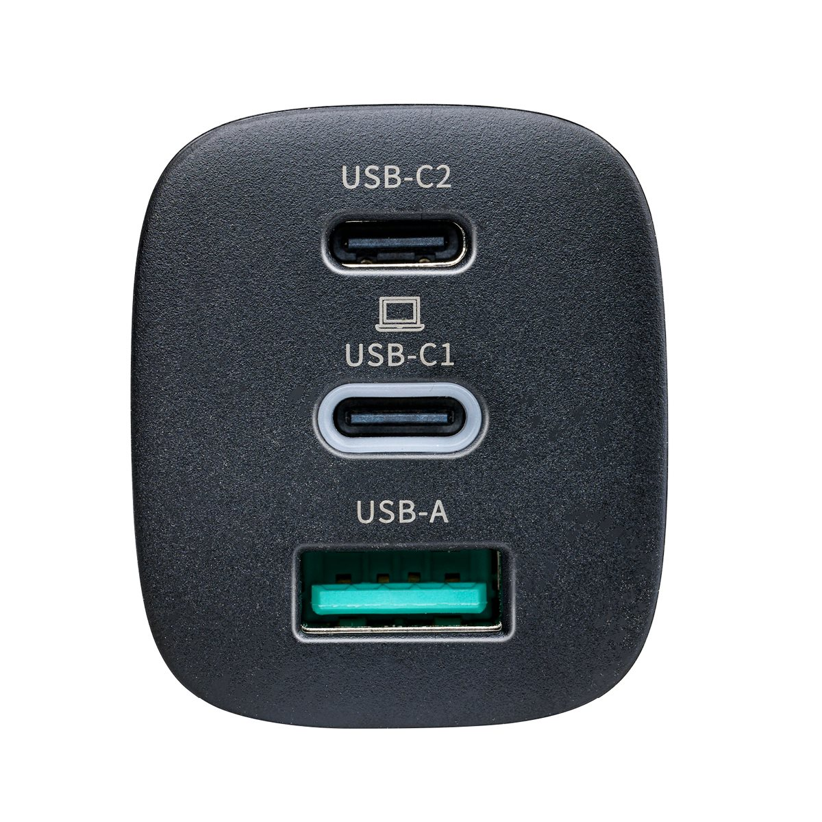 A black power adapter with three USB ports. The ports are labeled with their types.
