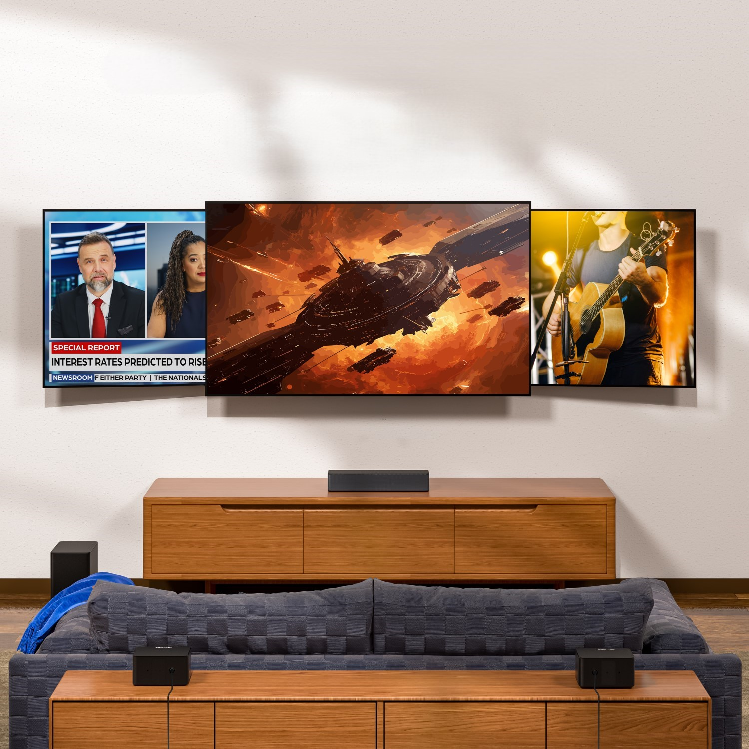 Trzy ekrany wyświetlające różne treści. Głośniki i soundbar znajdują się pod nimi. Przed nimi jest sofa.