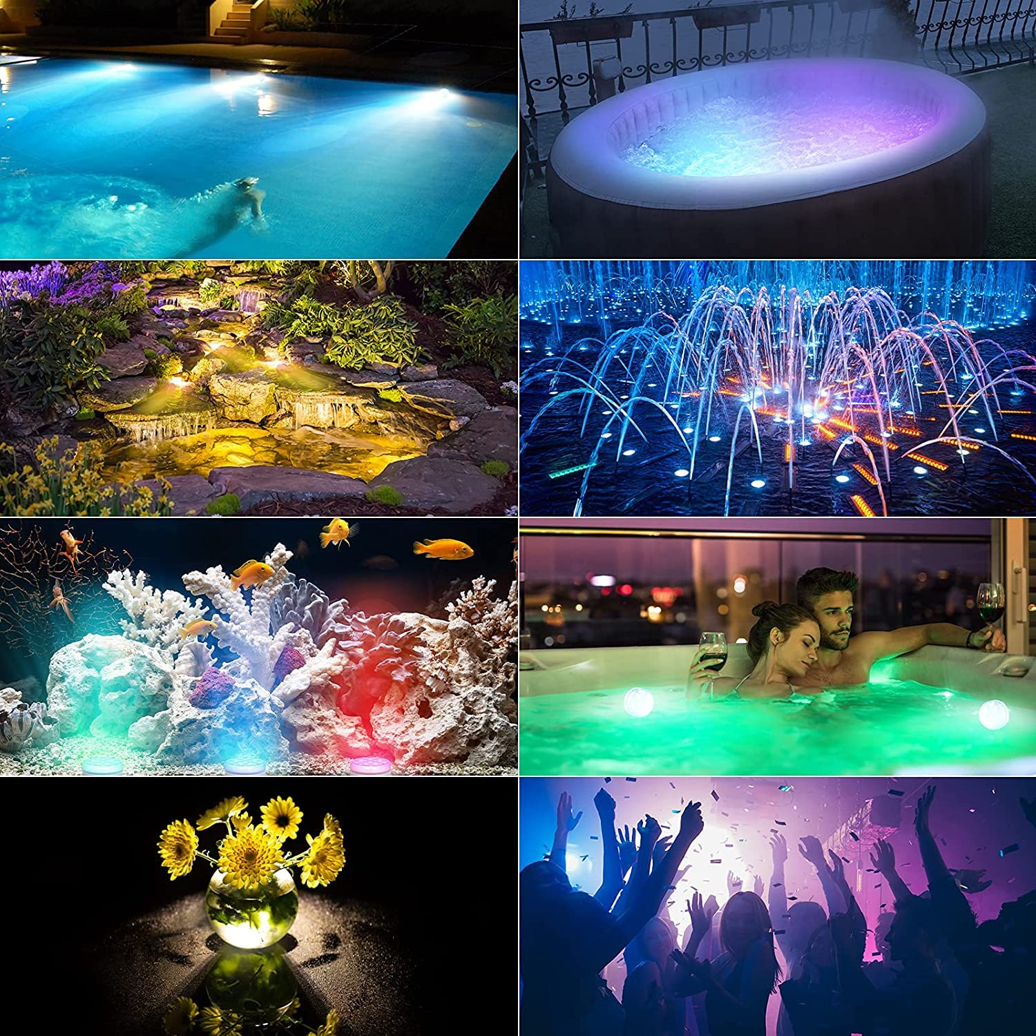 Collage aus farbenfrohen, beleuchteten Szenen: Pool, Whirlpool, Wasserfall, Brunnen, Aquarium, Paar im Whirlpool, Blumen und Party.