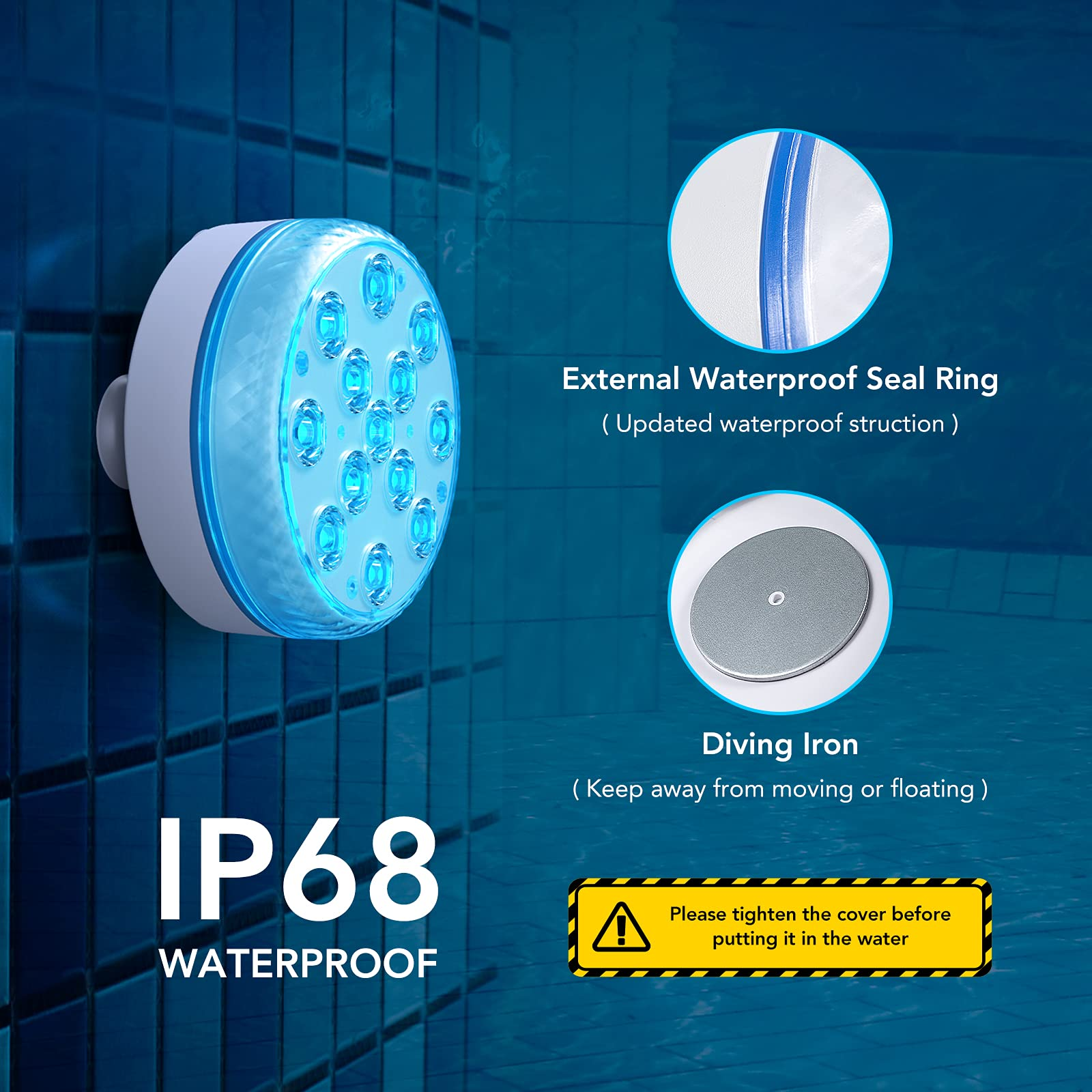 Unterwasserlicht mit IP68-Bewertung. Das Licht ist blau und hat einen Dichtungsring mit Text.