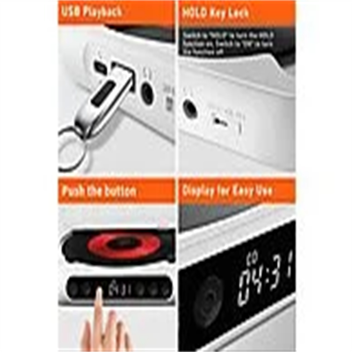 Details eines CD-Players mit USB-Wiedergabe, Tastensperre, Taste und Display mit der Zeit 04:31.