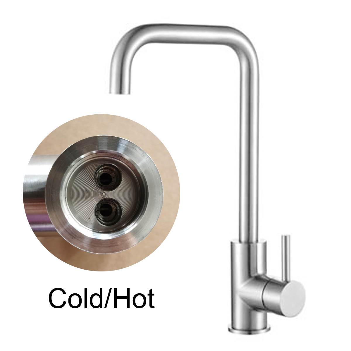 Küchenarmatur aus Edelstahl mit Nahaufnahme des Kalt-/Warmwasseranschlusses.