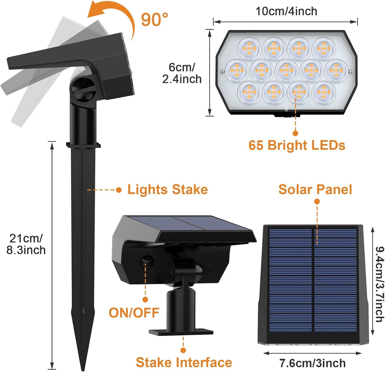 Schwarzes Solarpanel und Lichtpfahl mit 65 hellen LEDs. Abmessungen und Lichtpositionen beschriftet.