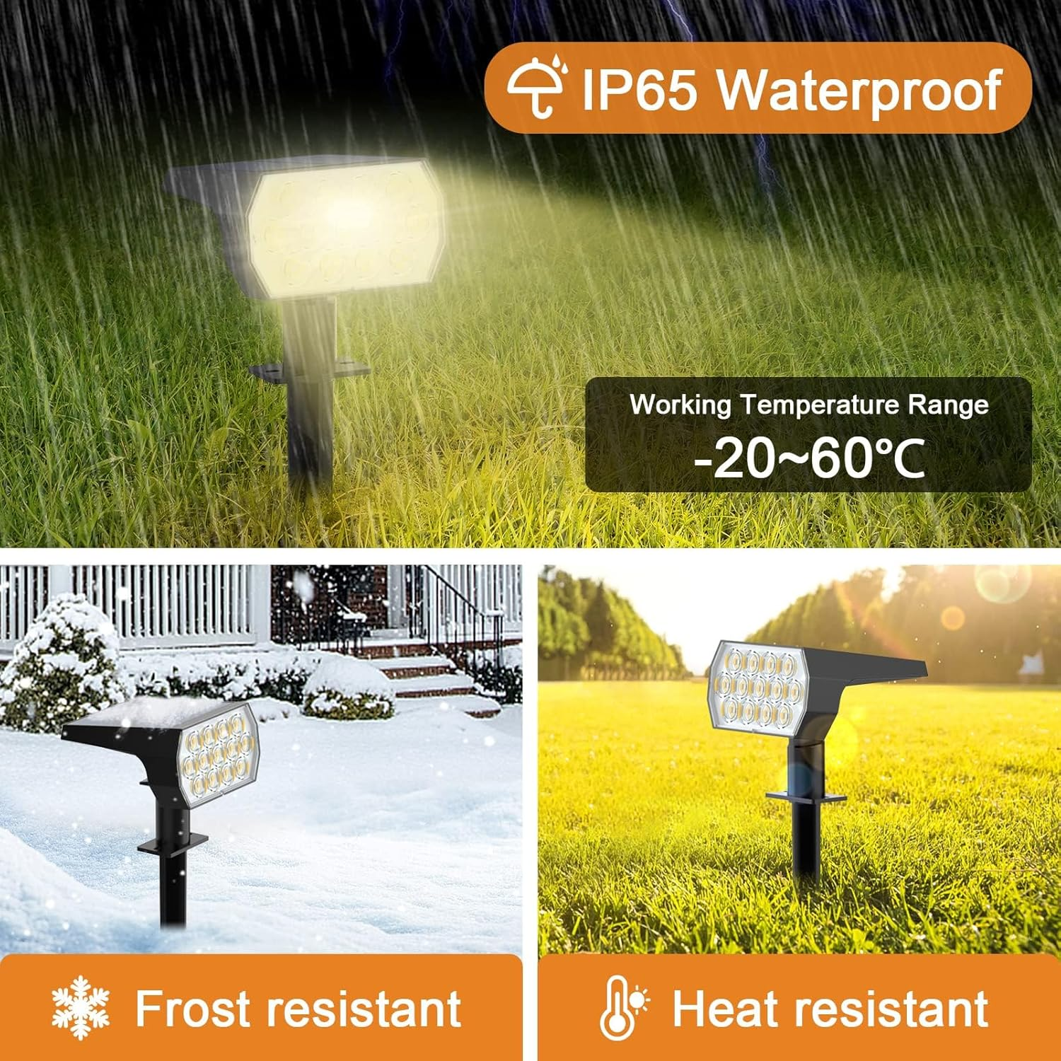Solarleuchten in verschiedenen Umgebungen: Regen, Schnee und Hitze. Wasserdicht und beständig.