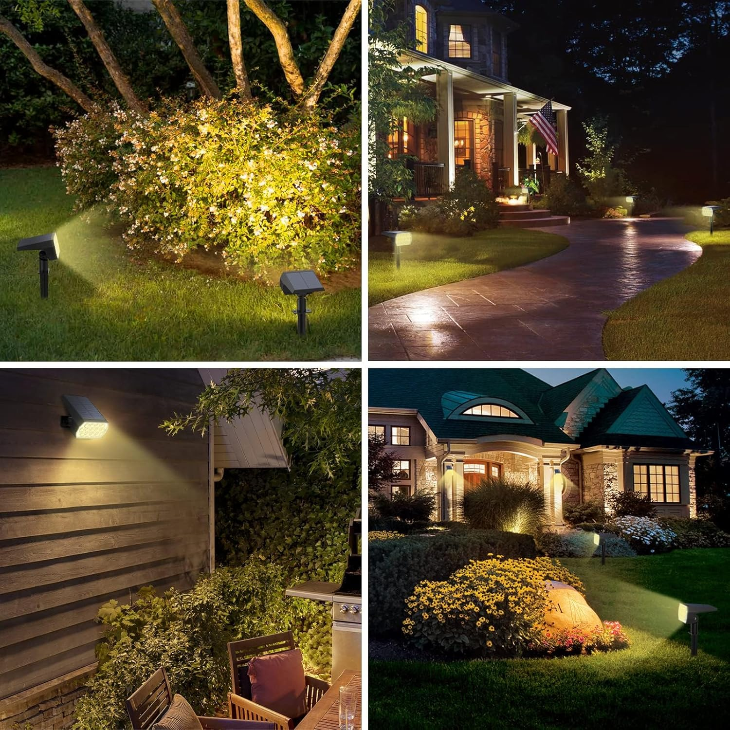 Solarleuchten beleuchten nachts Garten, Haus und Gehweg. Unterschiedliche Platzierung.