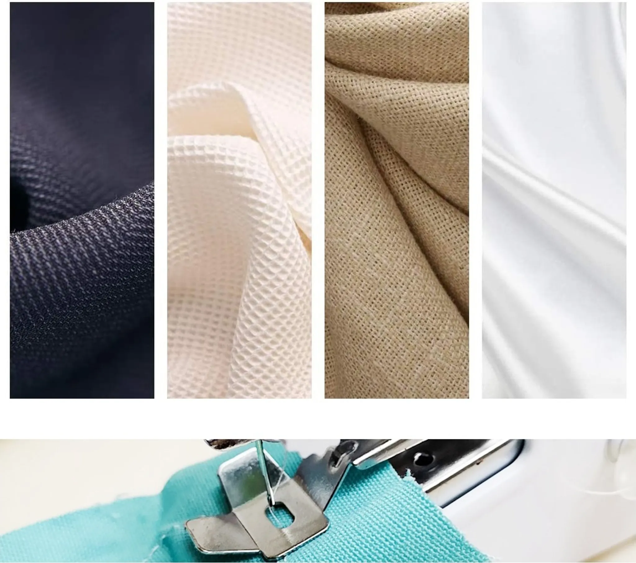 Nahaufnahme von Stoffmustern: Navy, Weiß, Beige und weißem Satin. Eine Nadel näht türkisfarbenen Stoff.