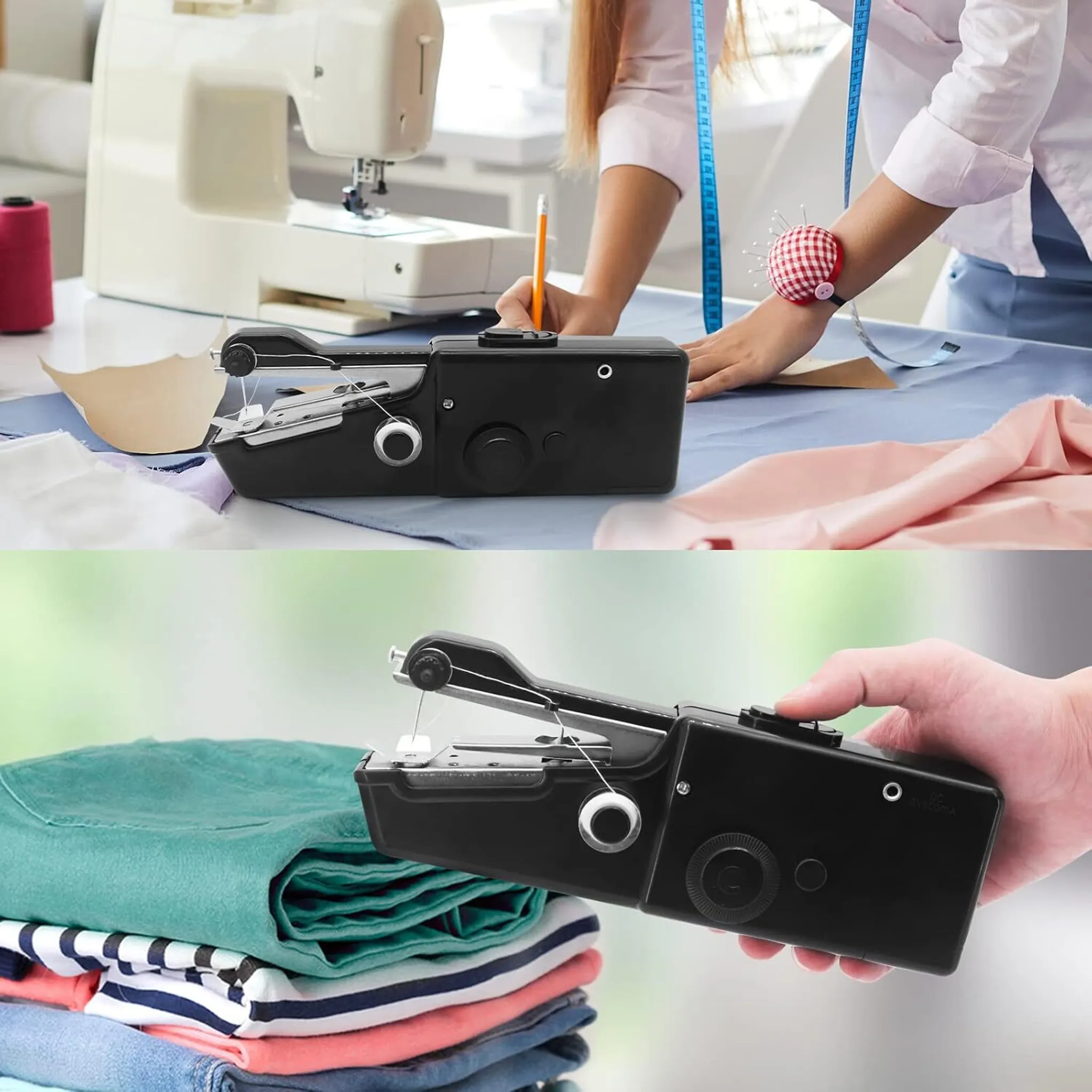 Eine Nähmaschine im Einsatz mit Stoff. Eine Person benutzt sie und eine andere Nähmaschine ist im Hintergrund.
