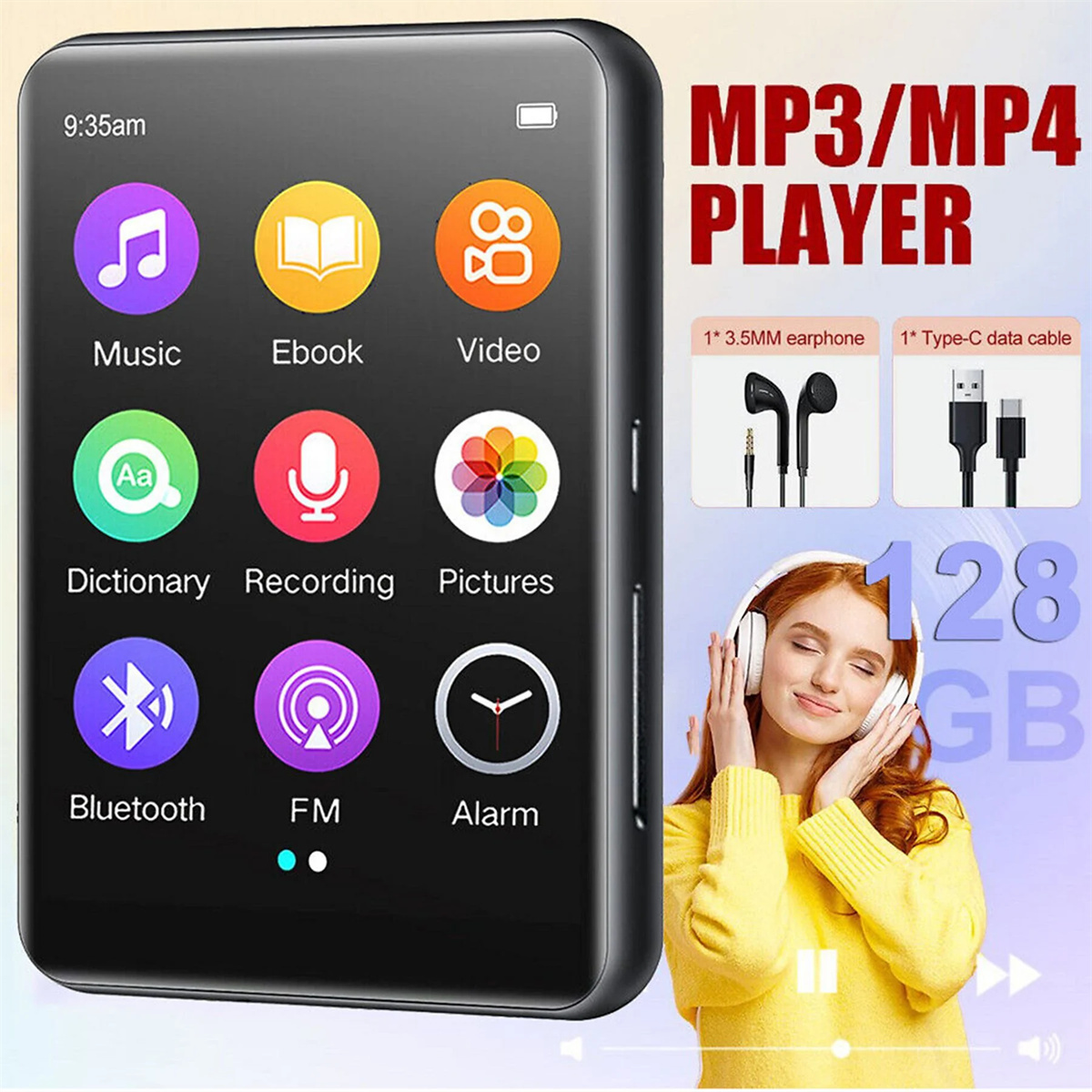 MP3/MP4-Player mit Musik-, E-Book-, Video- und anderen App-Symbolen, mit Kopfhörern und Datenkabel.