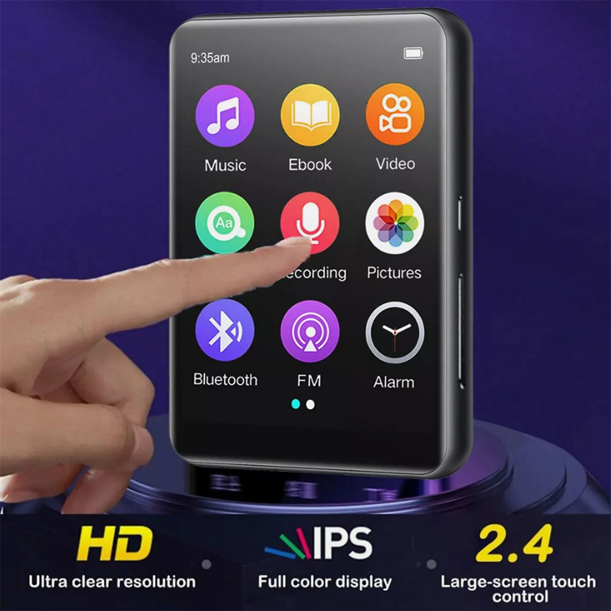 Schwarzer MP3-Player mit Symbolen für Musik, E-Book, Video, Aufnahme, Bilder, Bluetooth, FM, Alarm.