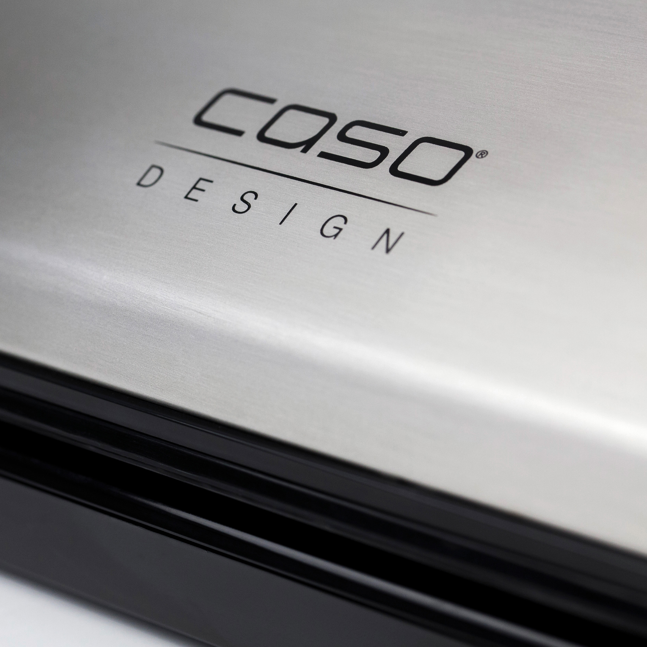 Nahaufnahme eines Vakuumiergeräts. Das Caso Design Logo ist auf der Oberfläche der Maschine sichtbar.