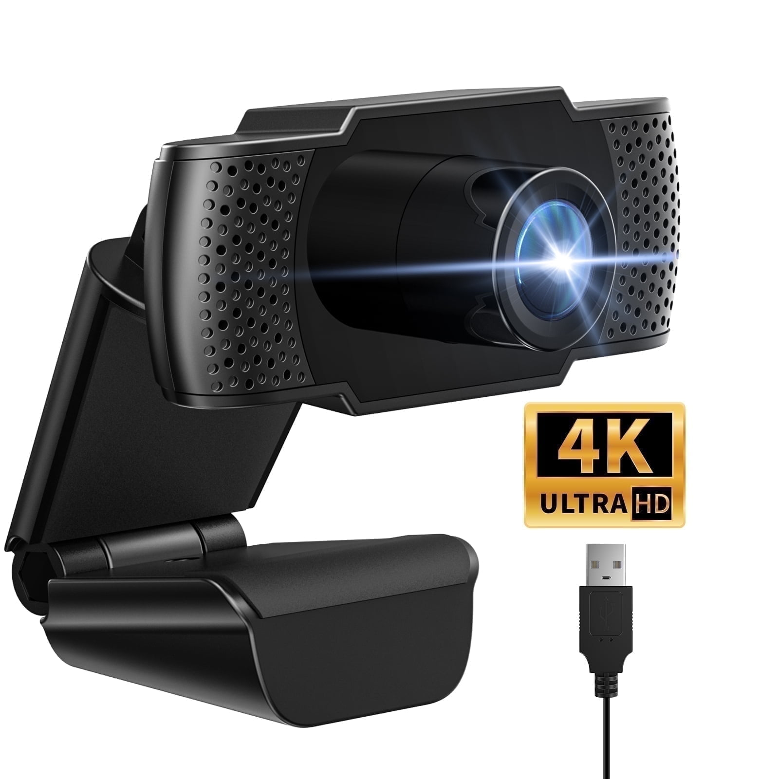 Schwarze Webcam mit 4K Ultra HD Logo und USB-Kabel. Helles Licht scheint aus der Linse.