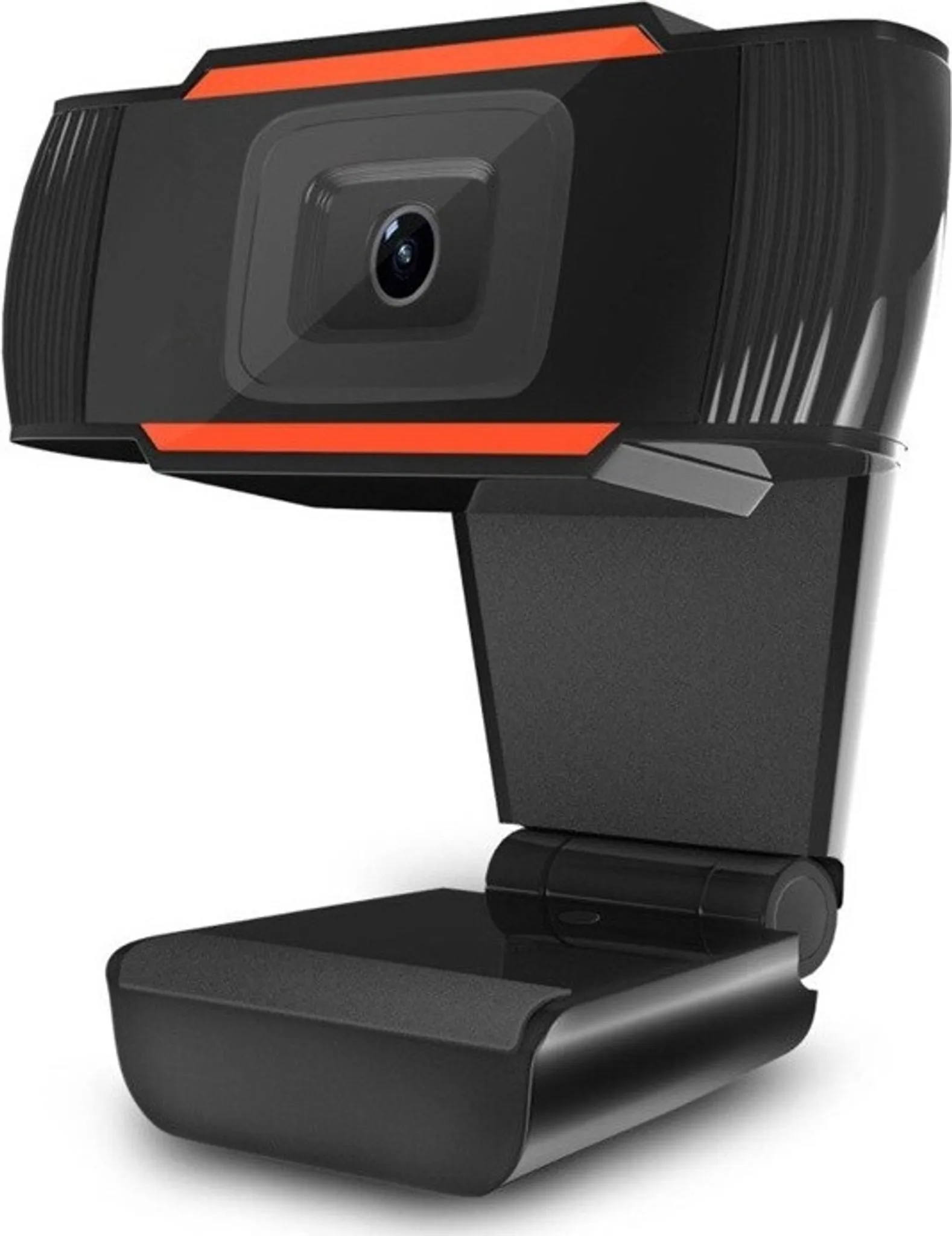 Schwarze Webcam mit orangefarbenen Akzenten, auf einem Ständer montiert. Sie hat ein Objektiv und ein schlankes Design.