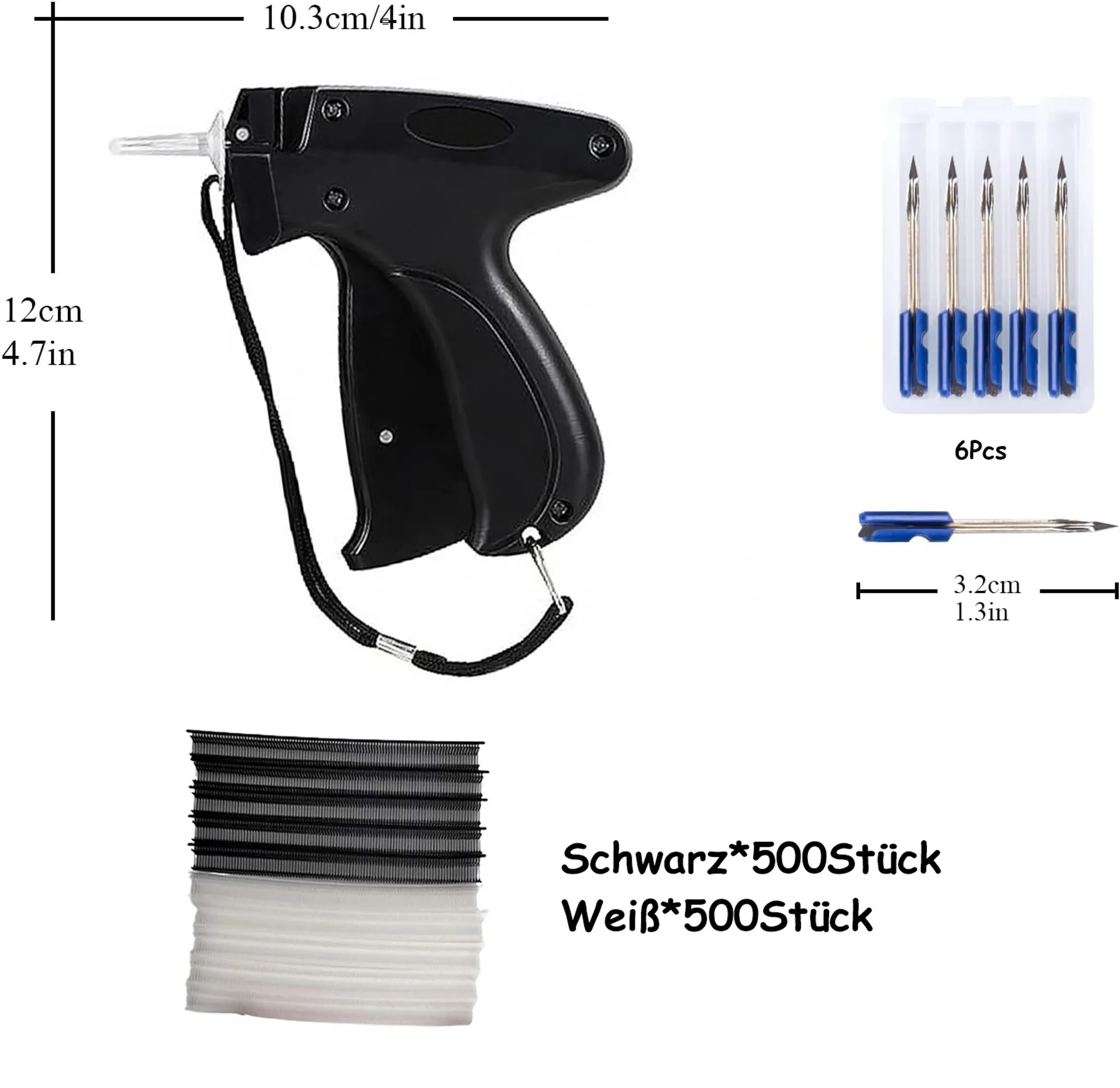 Schwarze Etikettierpistole mit Nadeln, Klammern und Abmessungen auf weißem Grund.