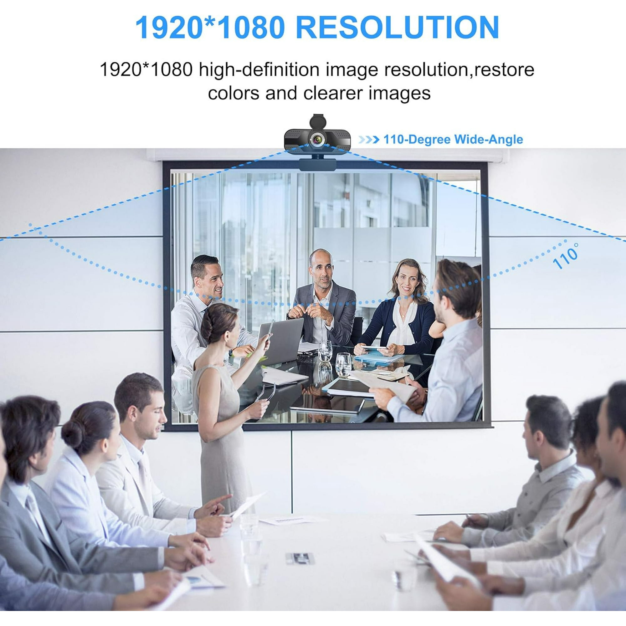 Personen in einem Meeting, eine Webcam projiziert die Präsentation auf eine Leinwand.