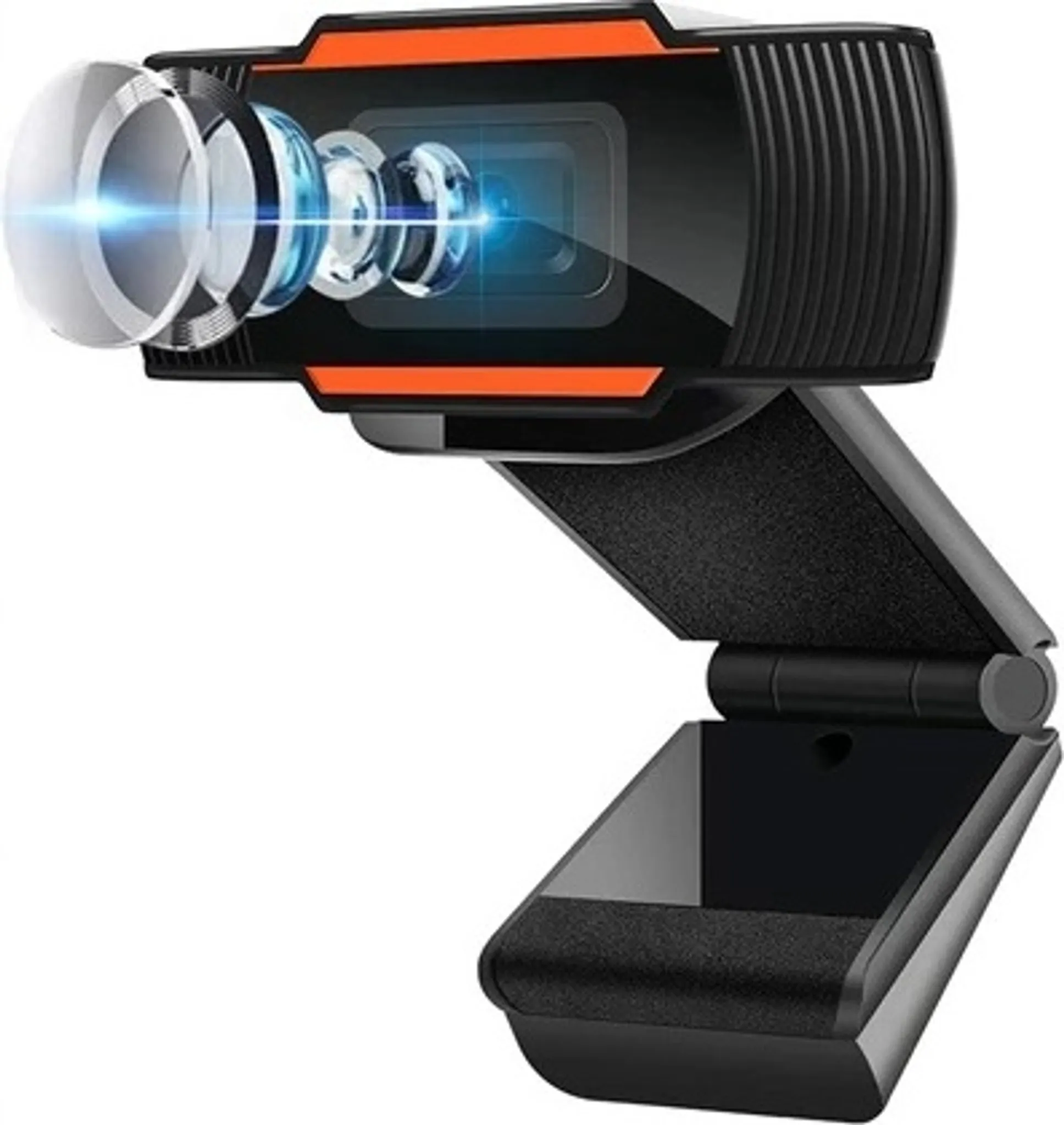 Nahaufnahme einer schwarz-orangenen Webcam mit Linsendetails.