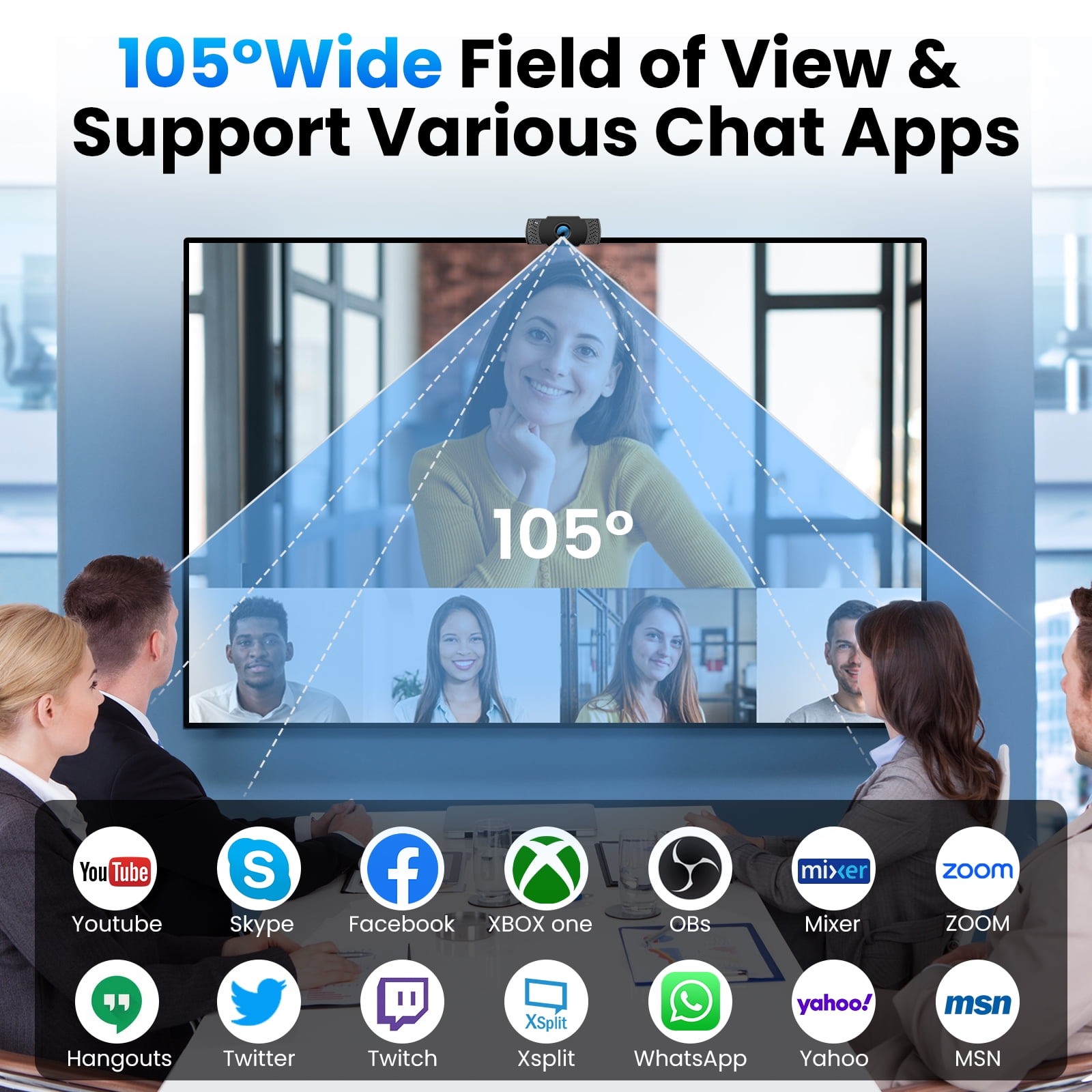 Personen schauen auf einen Bildschirm mit Video-Chat-App-Logos. Eine Webcam befindet sich oben.